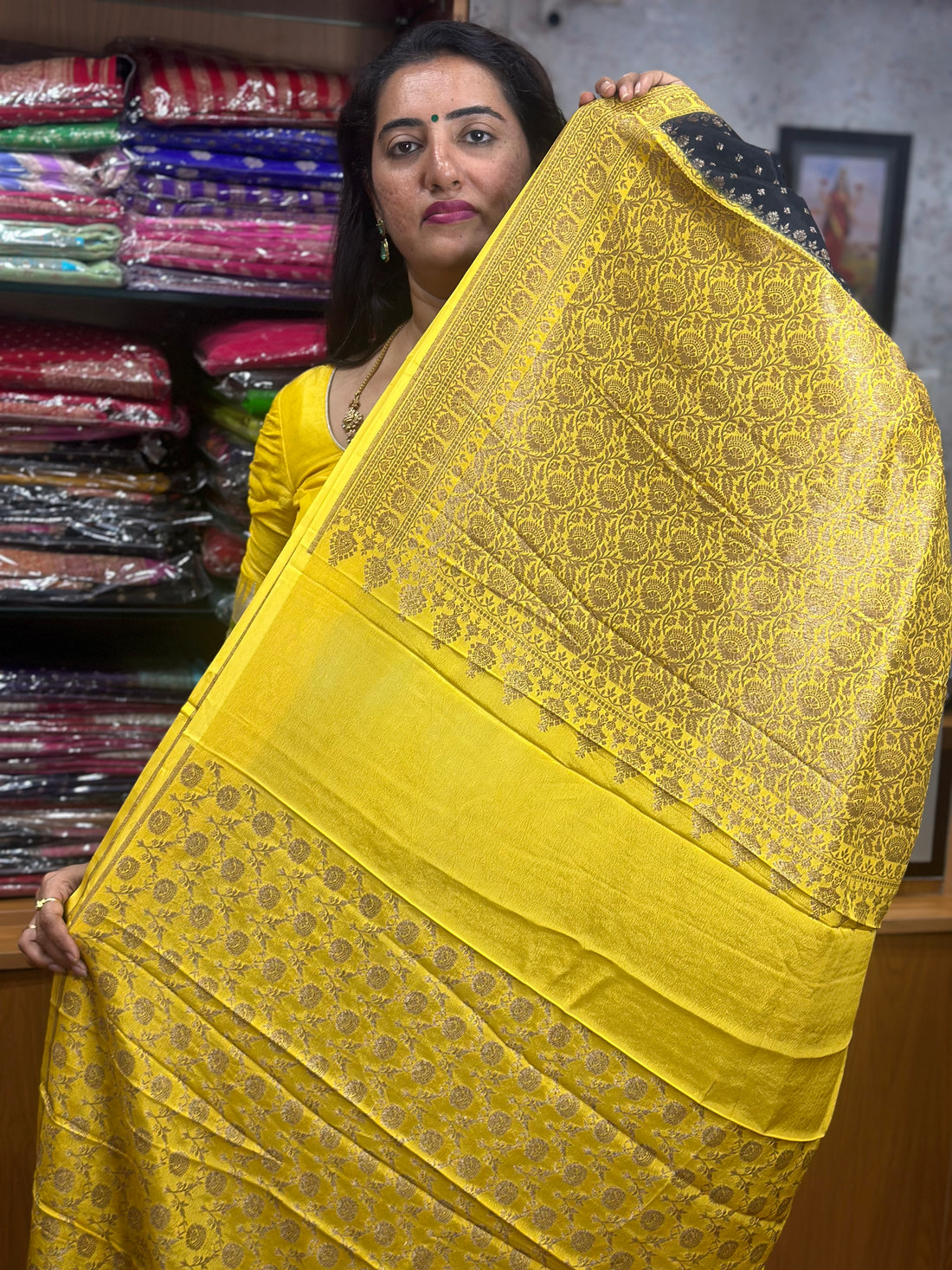 Black and yellow crepe chiffon Banarasi sarees