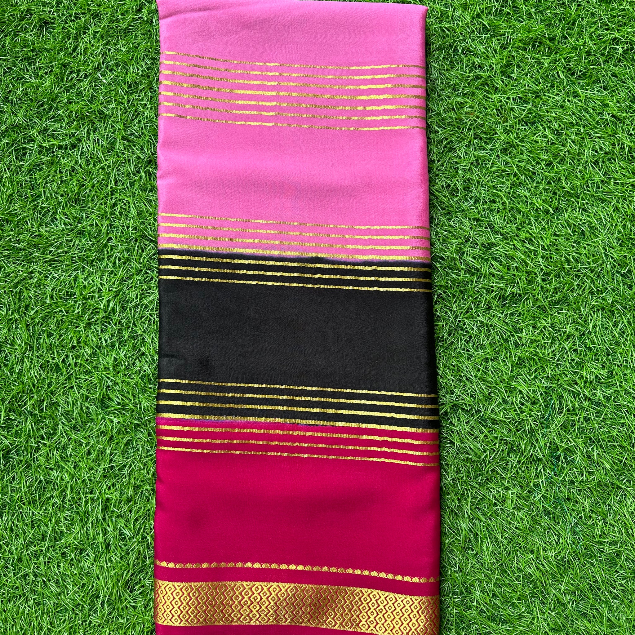 Black and pink Pure Mysore Silk Crepe 3D pattern.