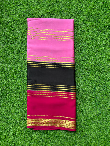 Black and pink Pure Mysore Silk Crepe 3D pattern.