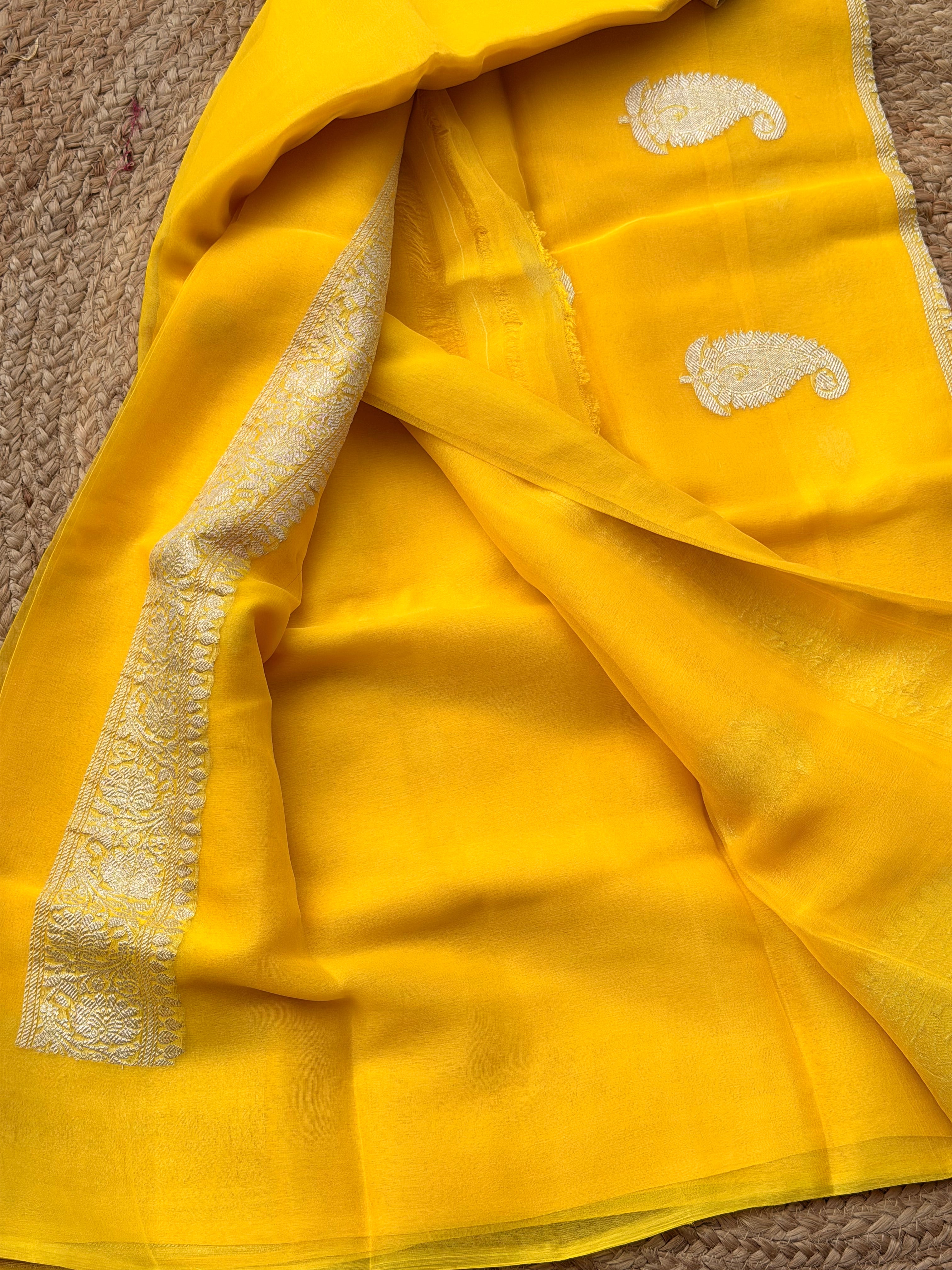Lemon yellow Banarasi pure khadi chiffon saree sliver zari woven