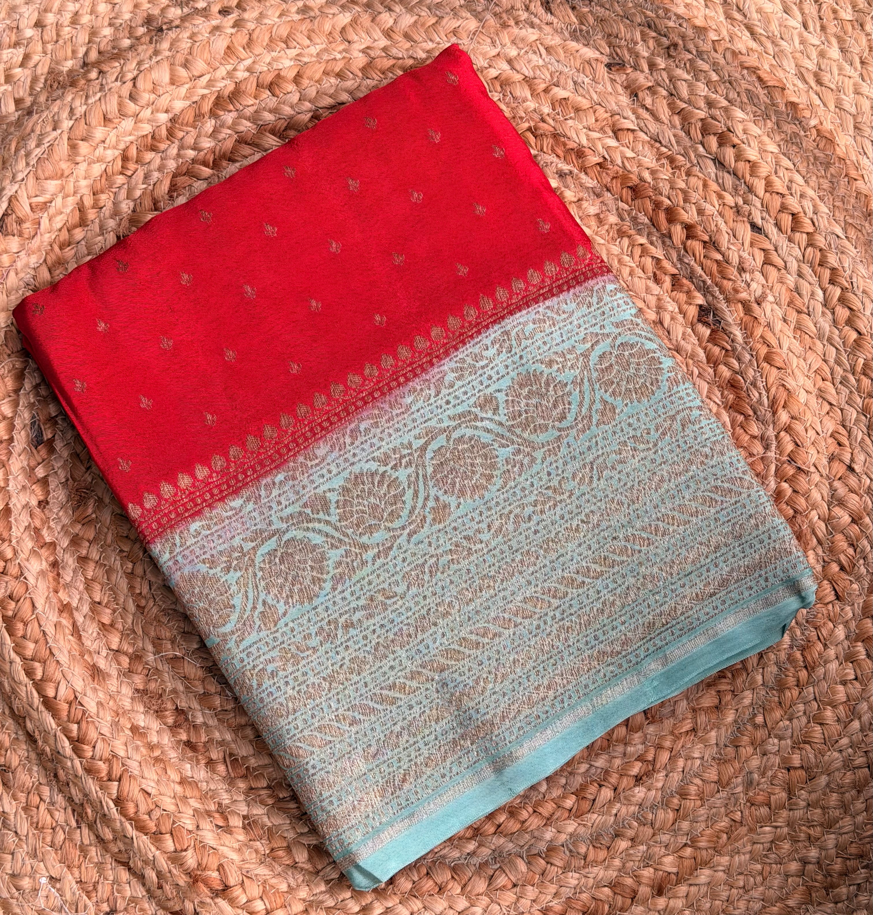 Red n sea green small butta benarasi crepe saree