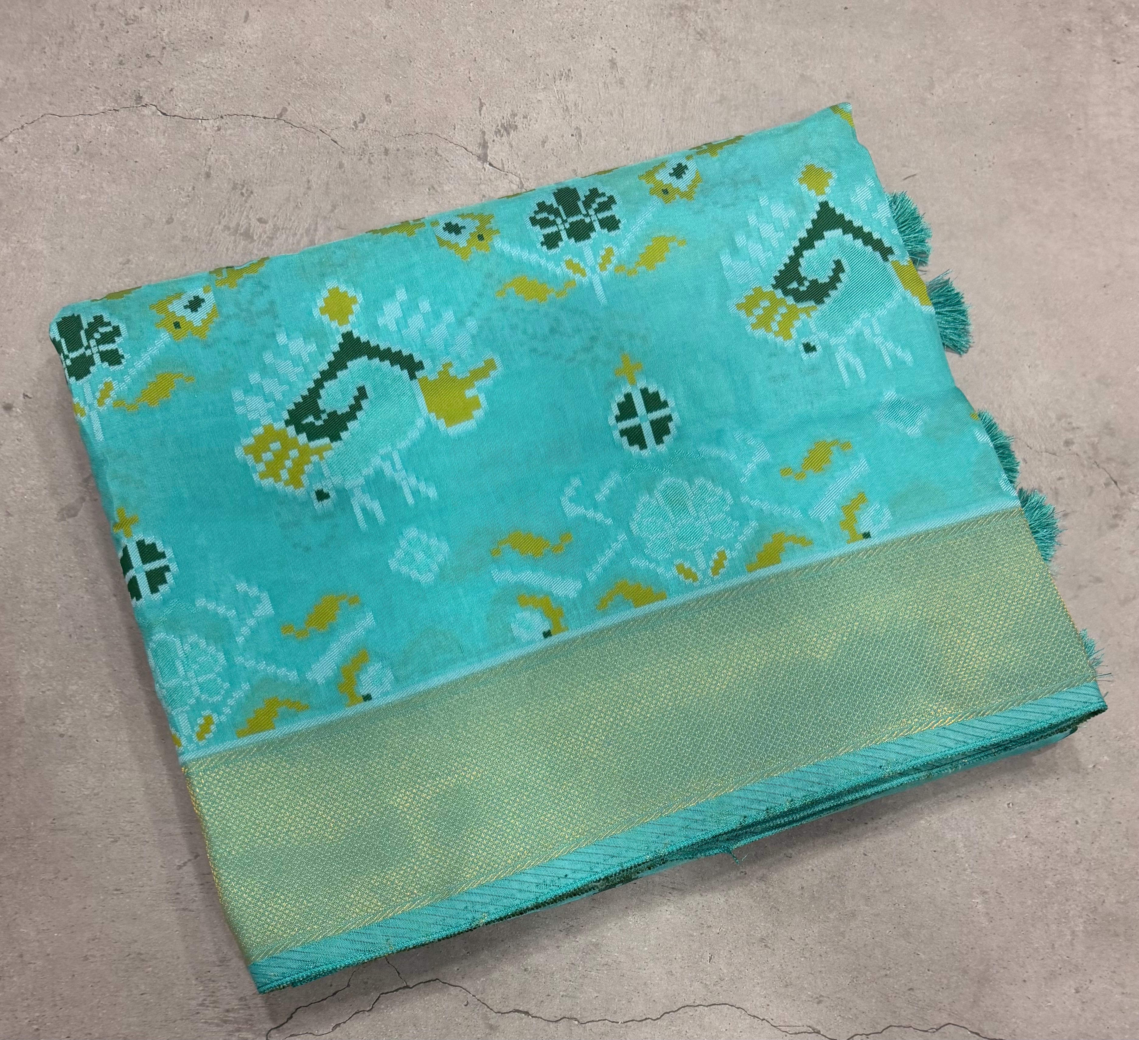 Sea blue small border tusser Paithani saree