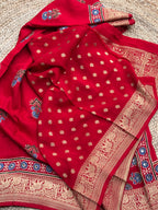 Hot red pure Ajrak dola silk with premium zari mirror work
