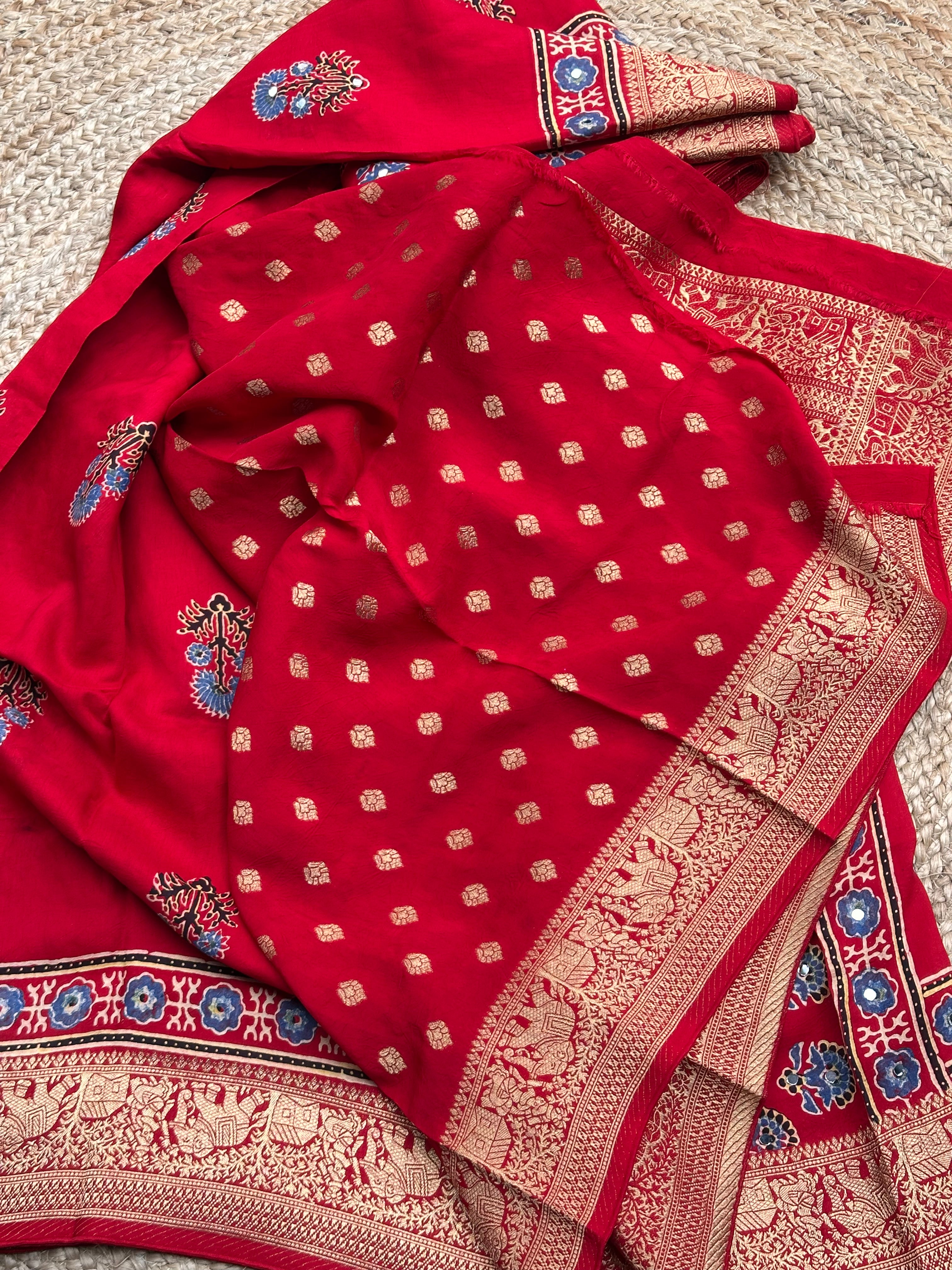 Hot red pure Ajrak dola silk with premium zari mirror work
