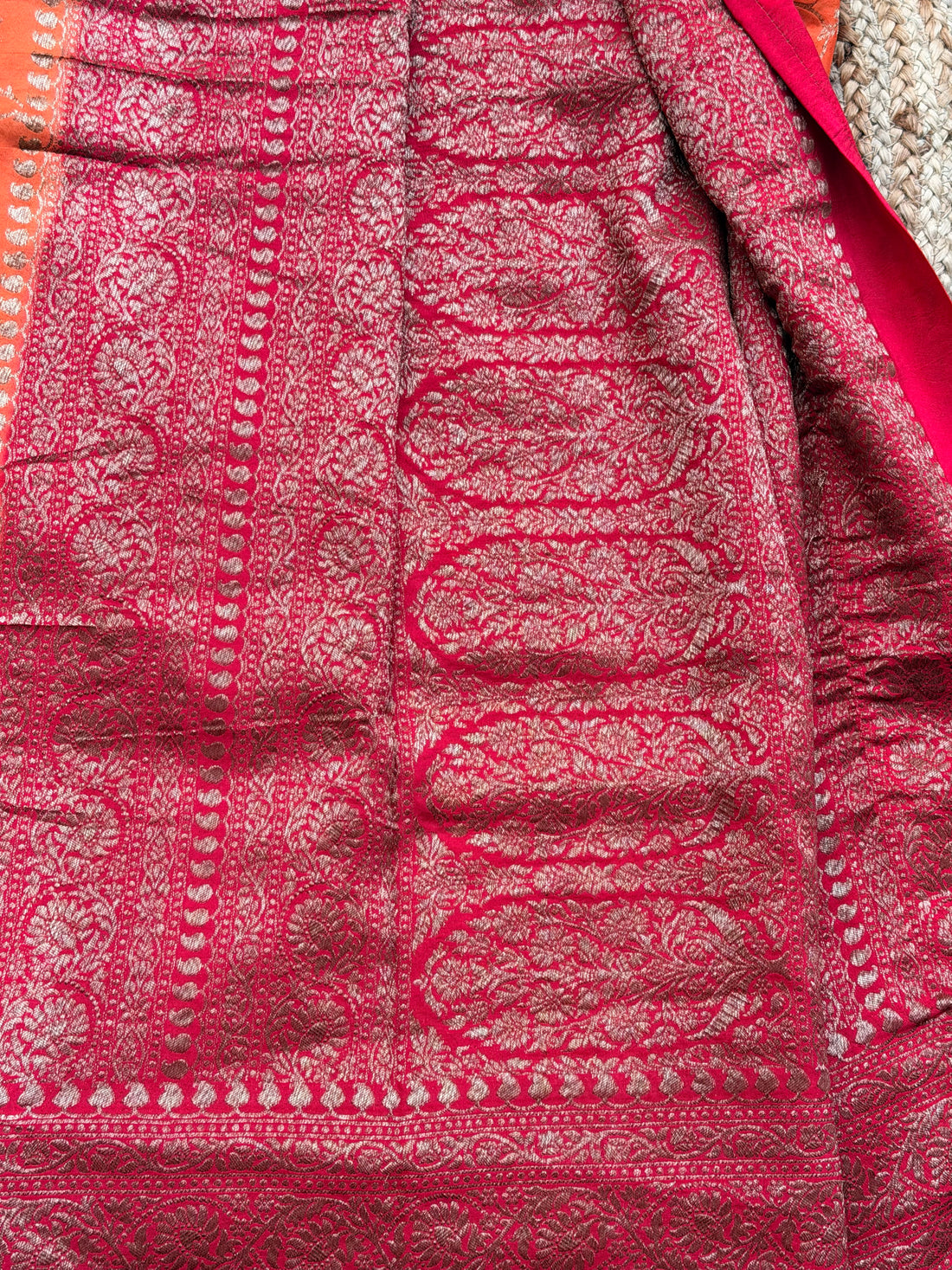 Orange and pink Banarasi Crepe Chiffon in Jaal Pattern
