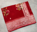 Red digital print Banarasi pure tissue chiffon saree sliver zari saree