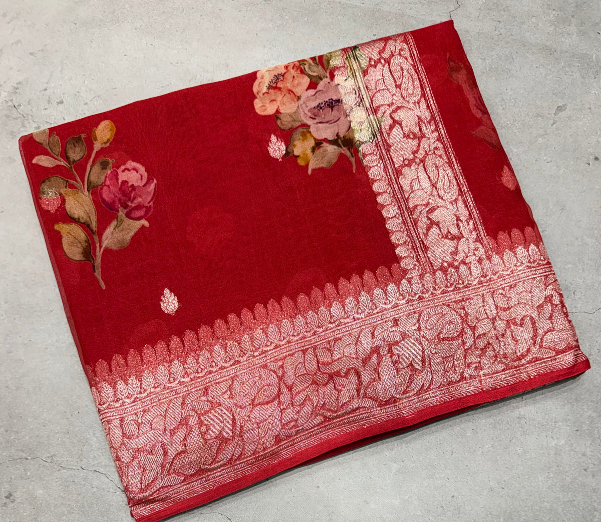 Red digital print Banarasi pure tissue chiffon saree sliver zari saree