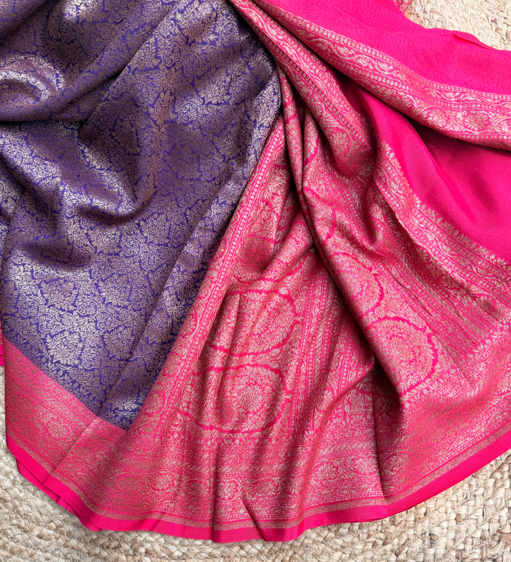 Purple n pink semi Banarasi crepe saree