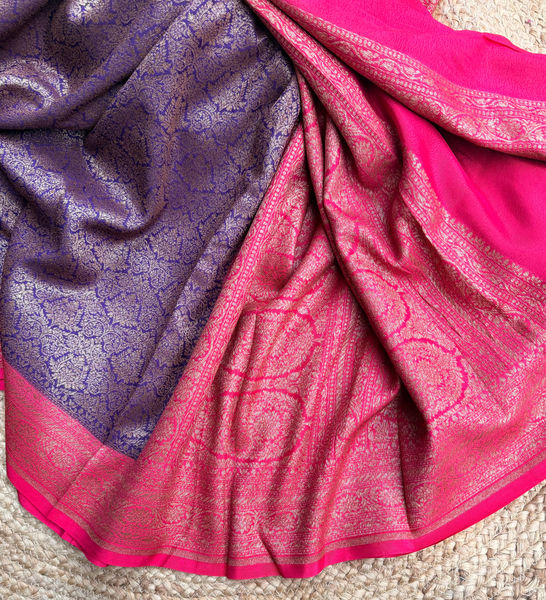 Purple n pink semi Banarasi crepe saree