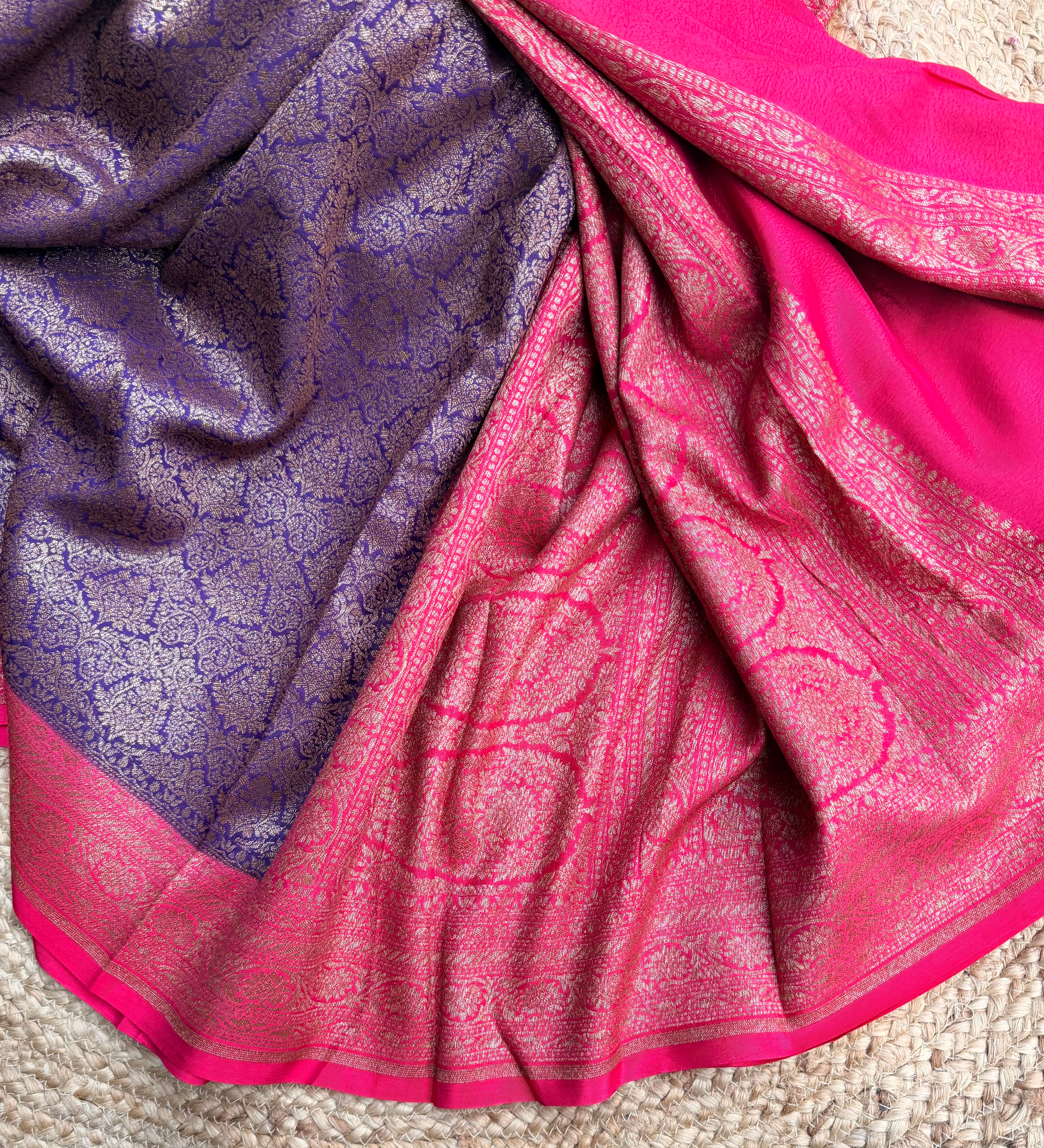 Purple n pink semi Banarasi crepe saree