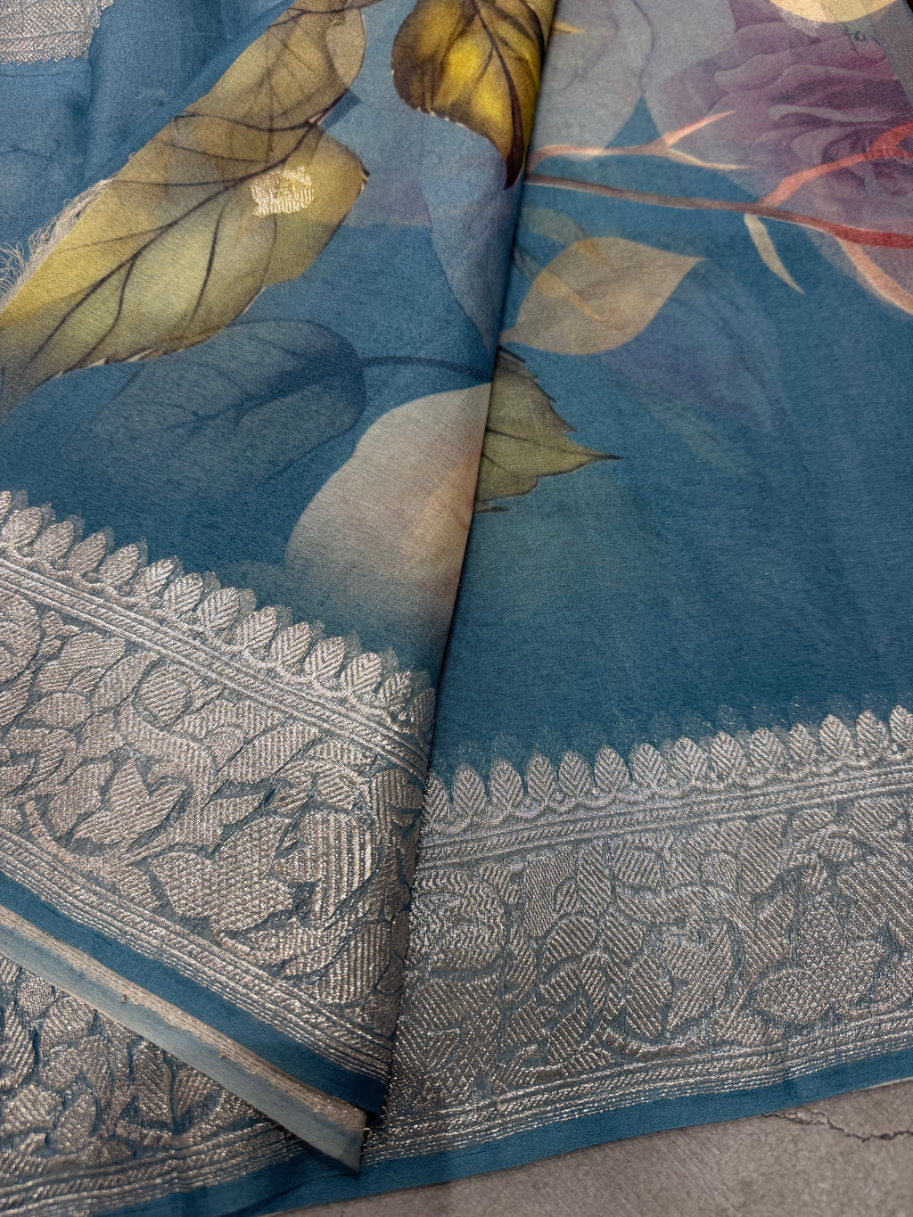 Peacock blue digital print Banarasi pure tissue chiffon saree sliver zari saree