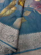 Peacock blue digital print Banarasi pure tissue chiffon saree sliver zari saree