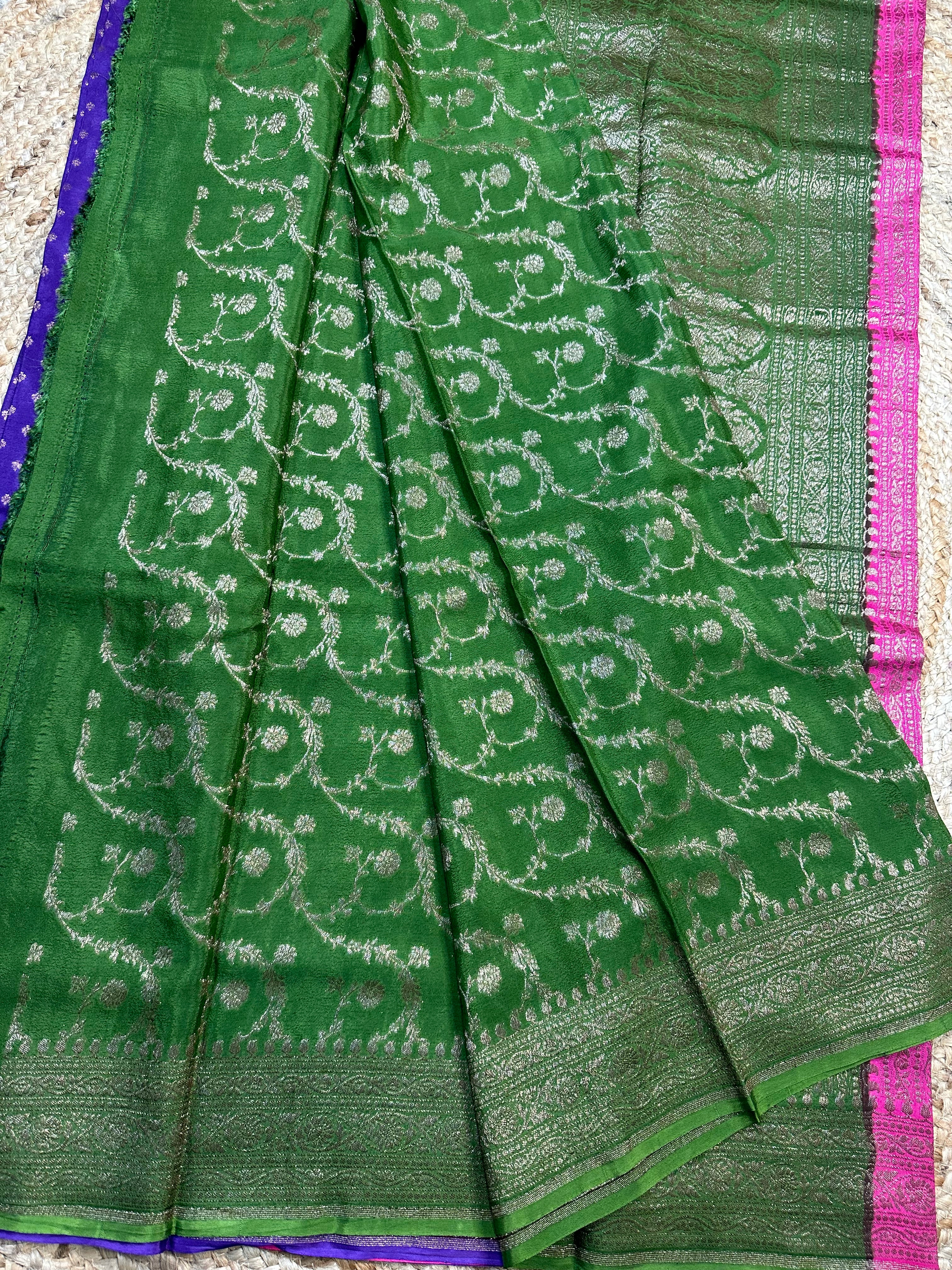 3D pattern purple and pink and green crepe chiffon sarees.