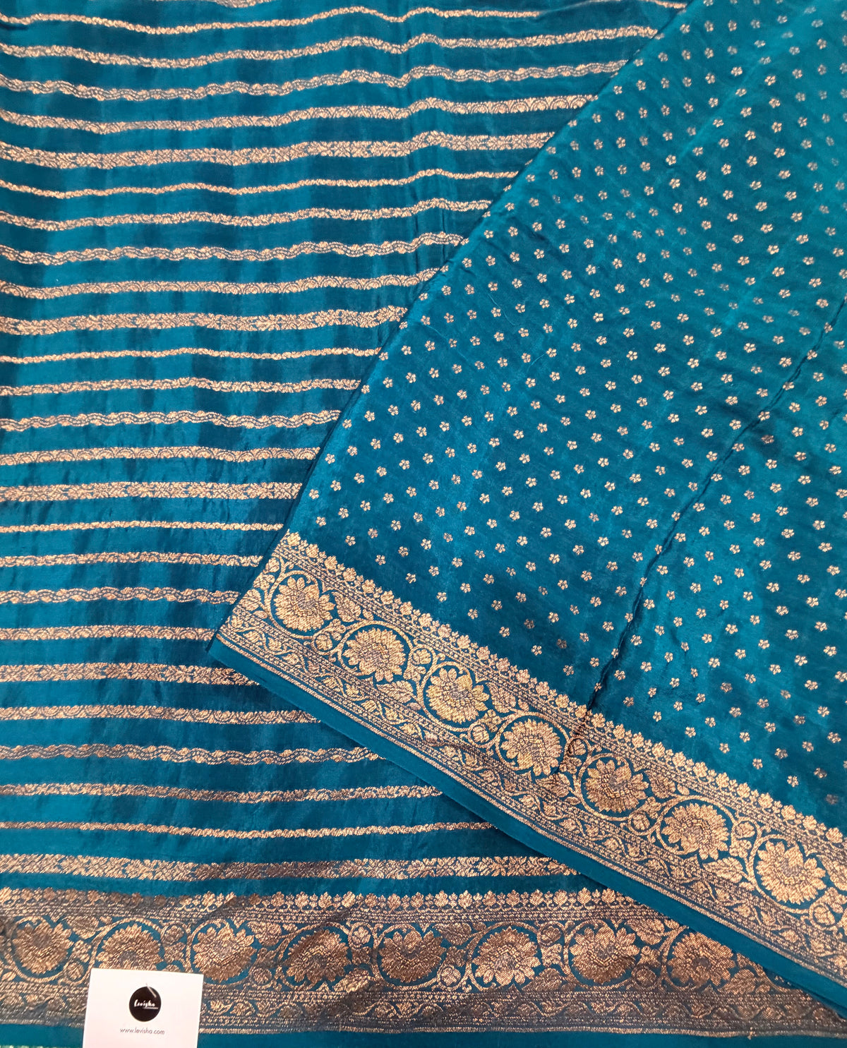 Peacock blue stripes pure benarasi crepe silk saree