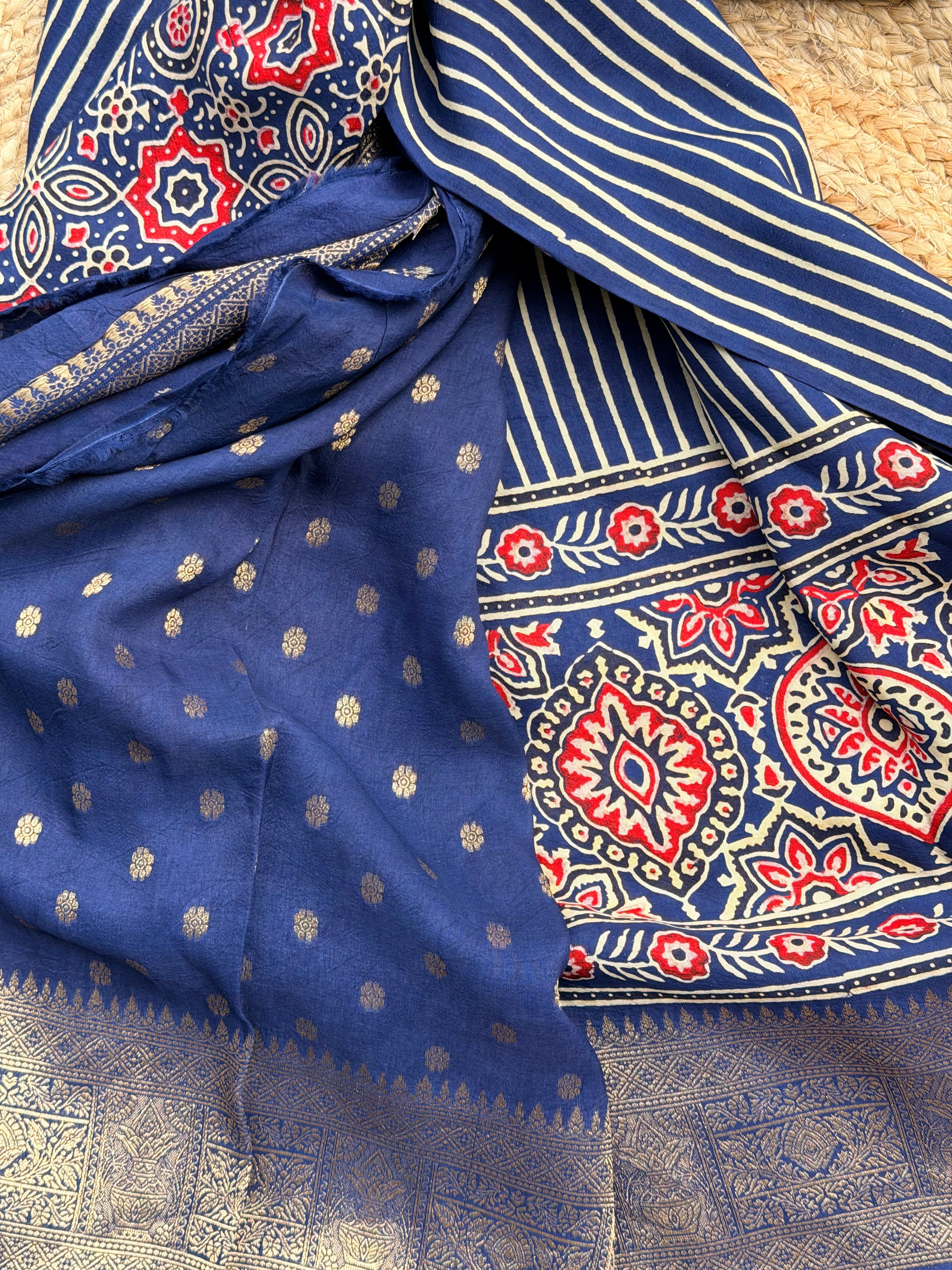 Deep blue ajrak dola silk with vertical stripes premium zari