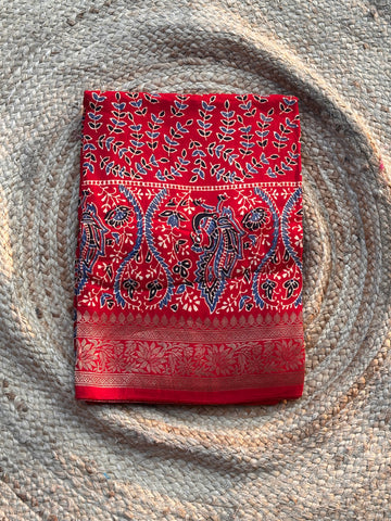 Hot red pure Ajrak dola silk sarees