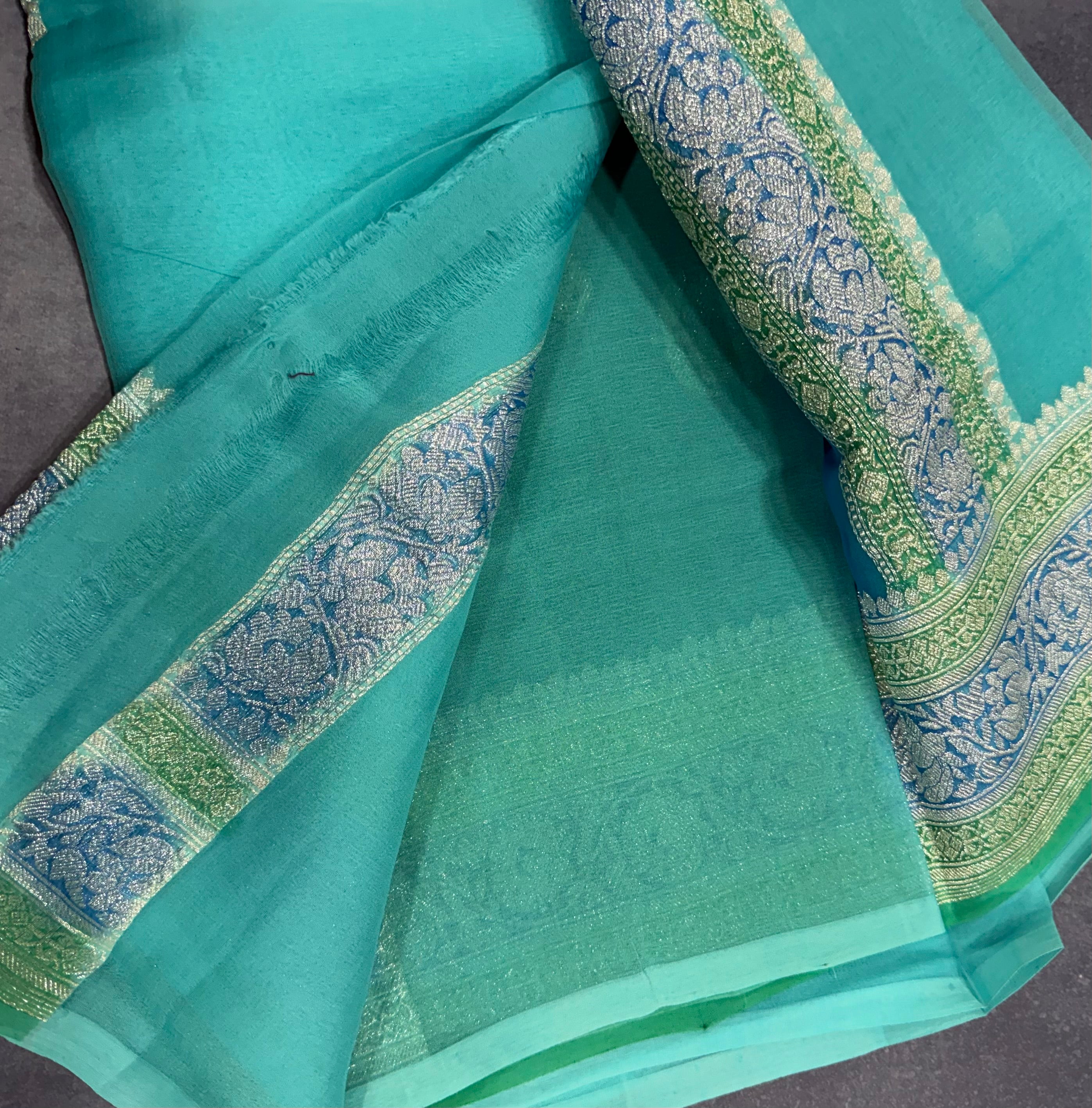 Sky blue 3D Banarasi pure khadi chiffon saree sliver zari saree