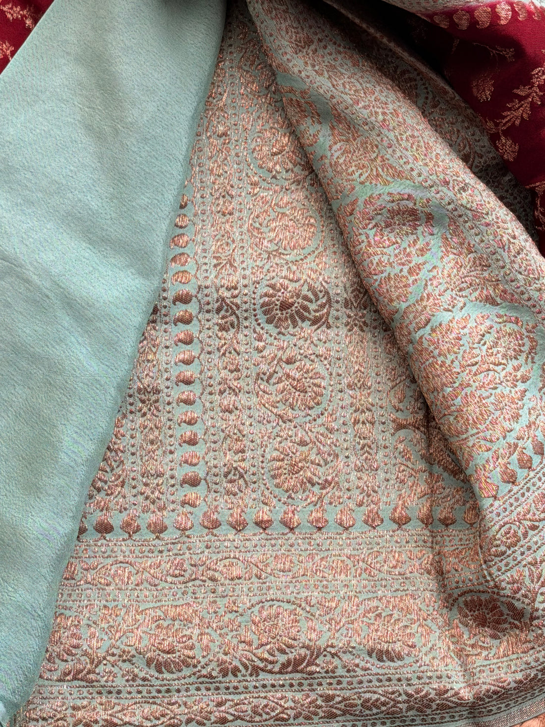 Wine and Sea blue Banarasi Crepe Chiffon in Jaal Pattern
