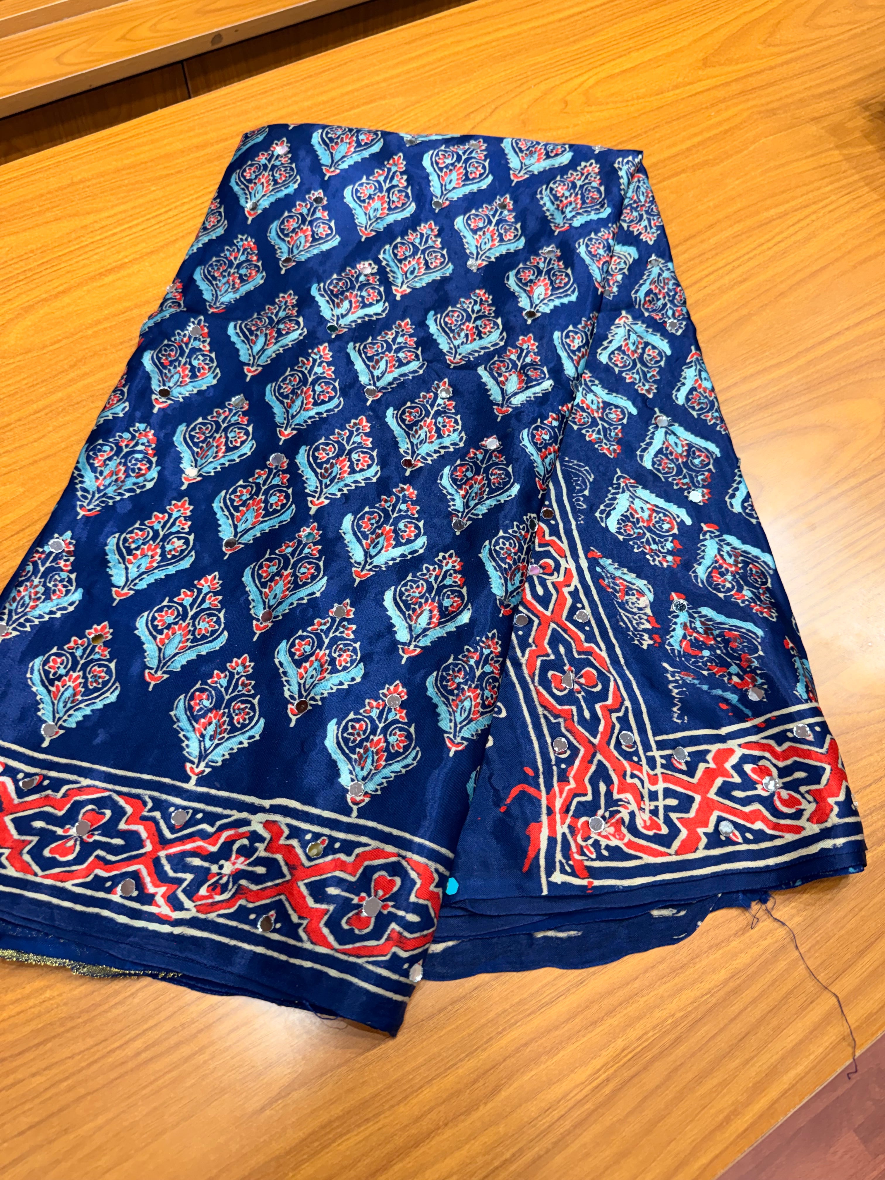 Blue ajrak modal mirror work with  tissue pallu