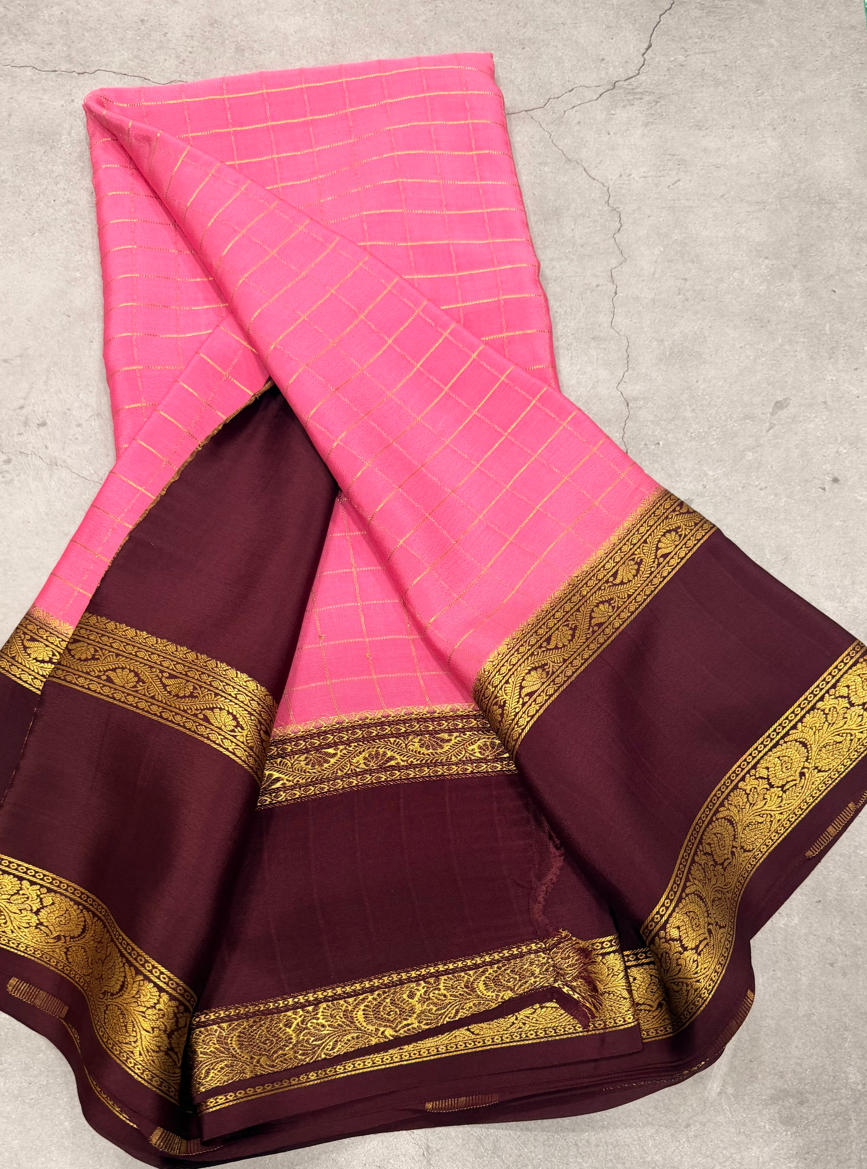 Light pink checks n bentex border pure Mysore silk crepe saree