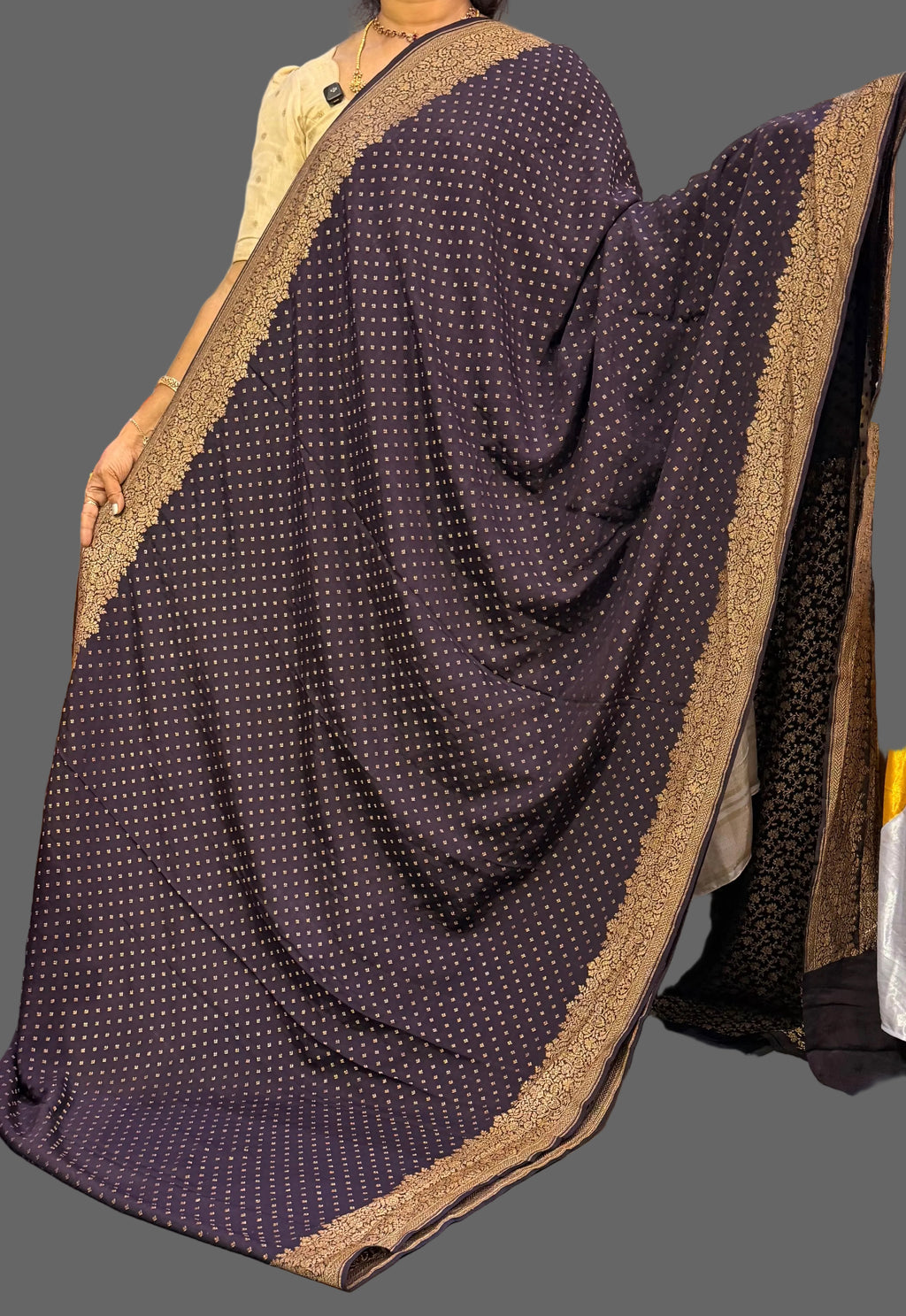 Dark navy blue mango border pure benarasi crepe silk saree