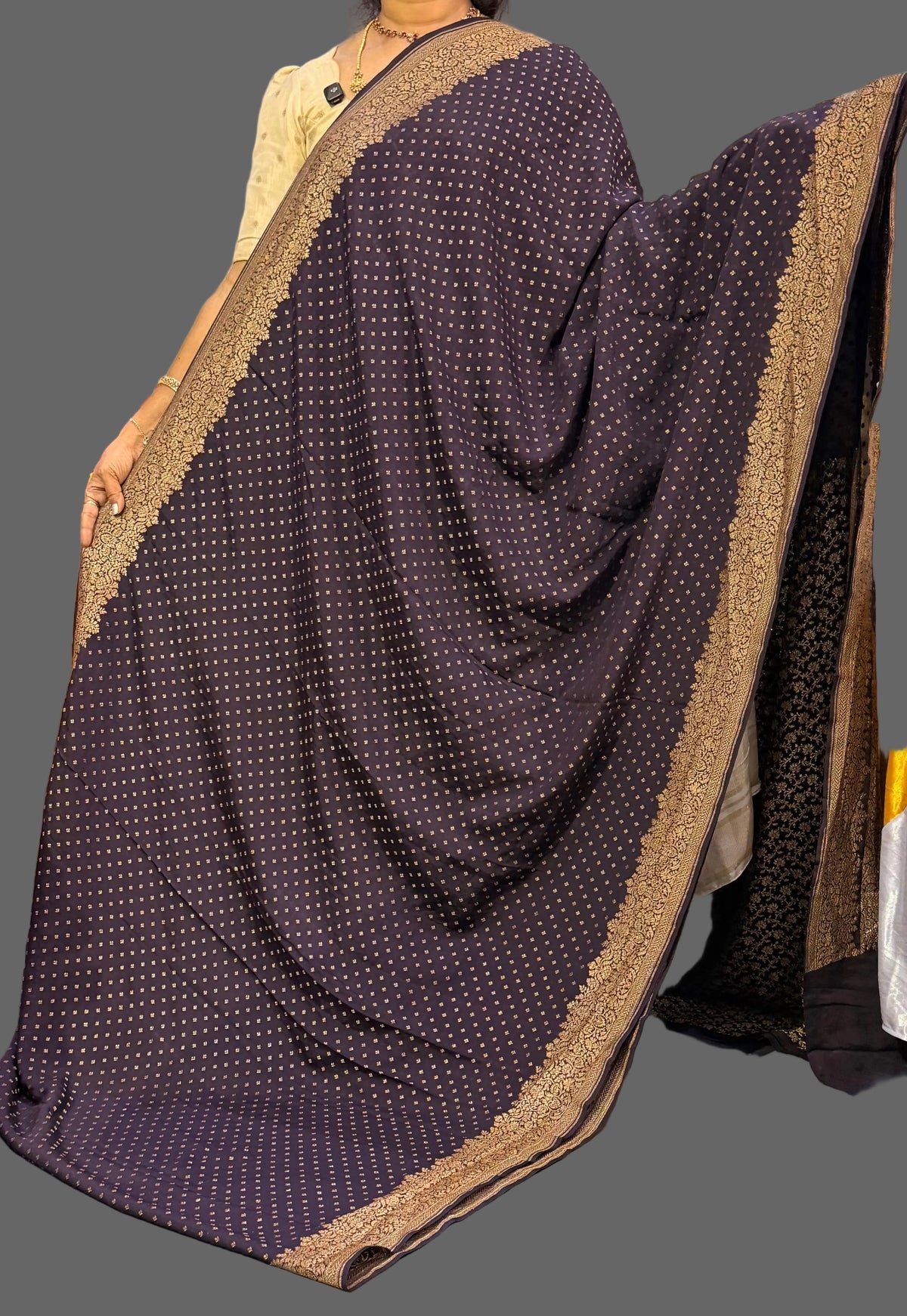 Dark navy blue mango border pure benarasi crepe silk saree