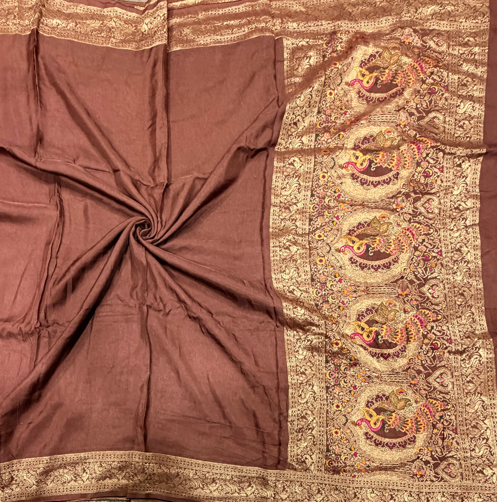 Light brown Kanchi border plain modal silk saree