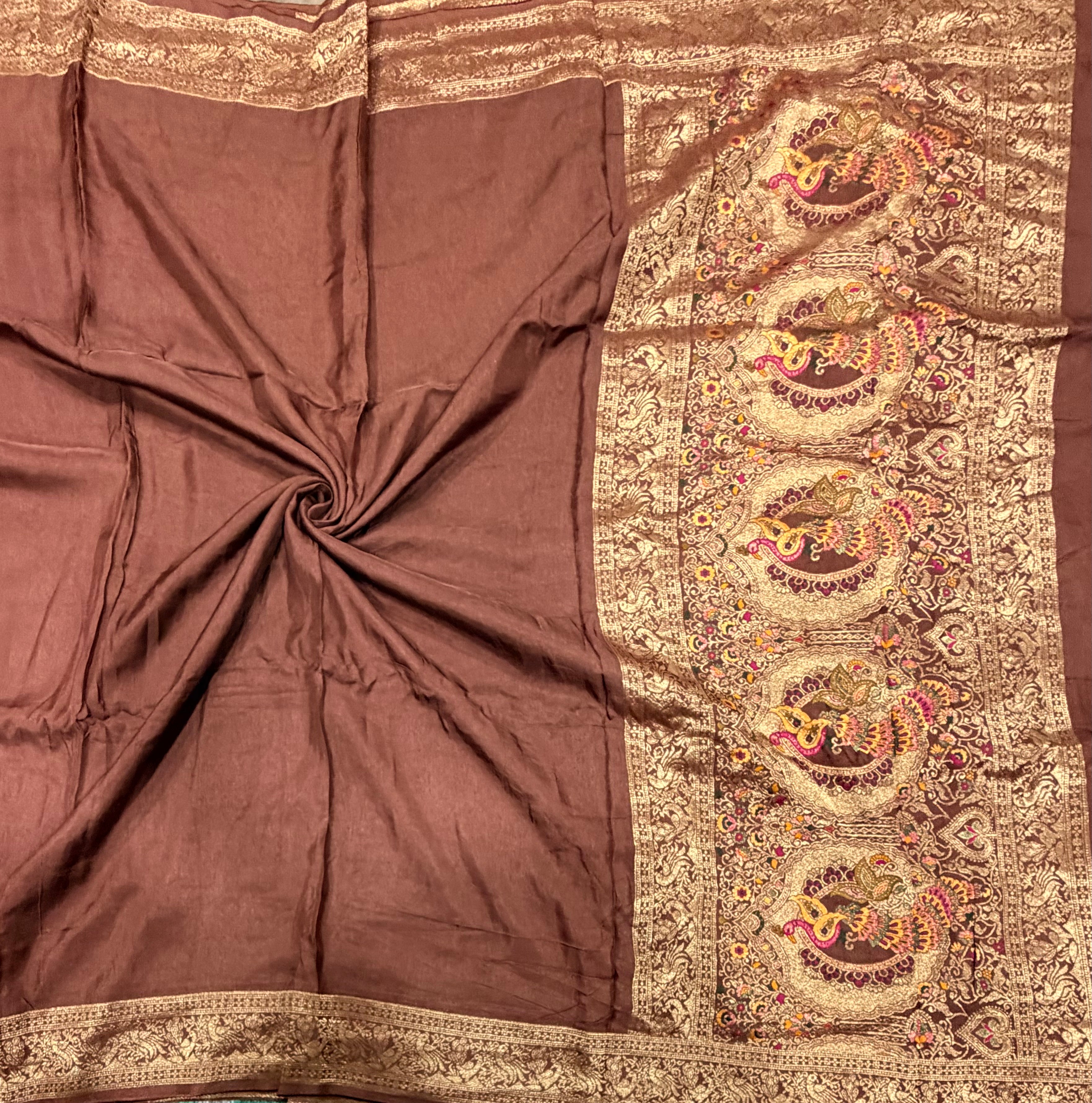 Light brown Kanchi border plain modal silk saree