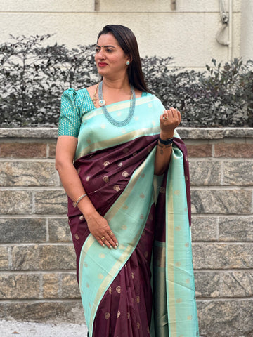 Brown with sea blue Semi Kanchi sarees