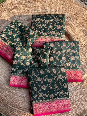 Deep green with pink pure crepe banaras jaal sarees