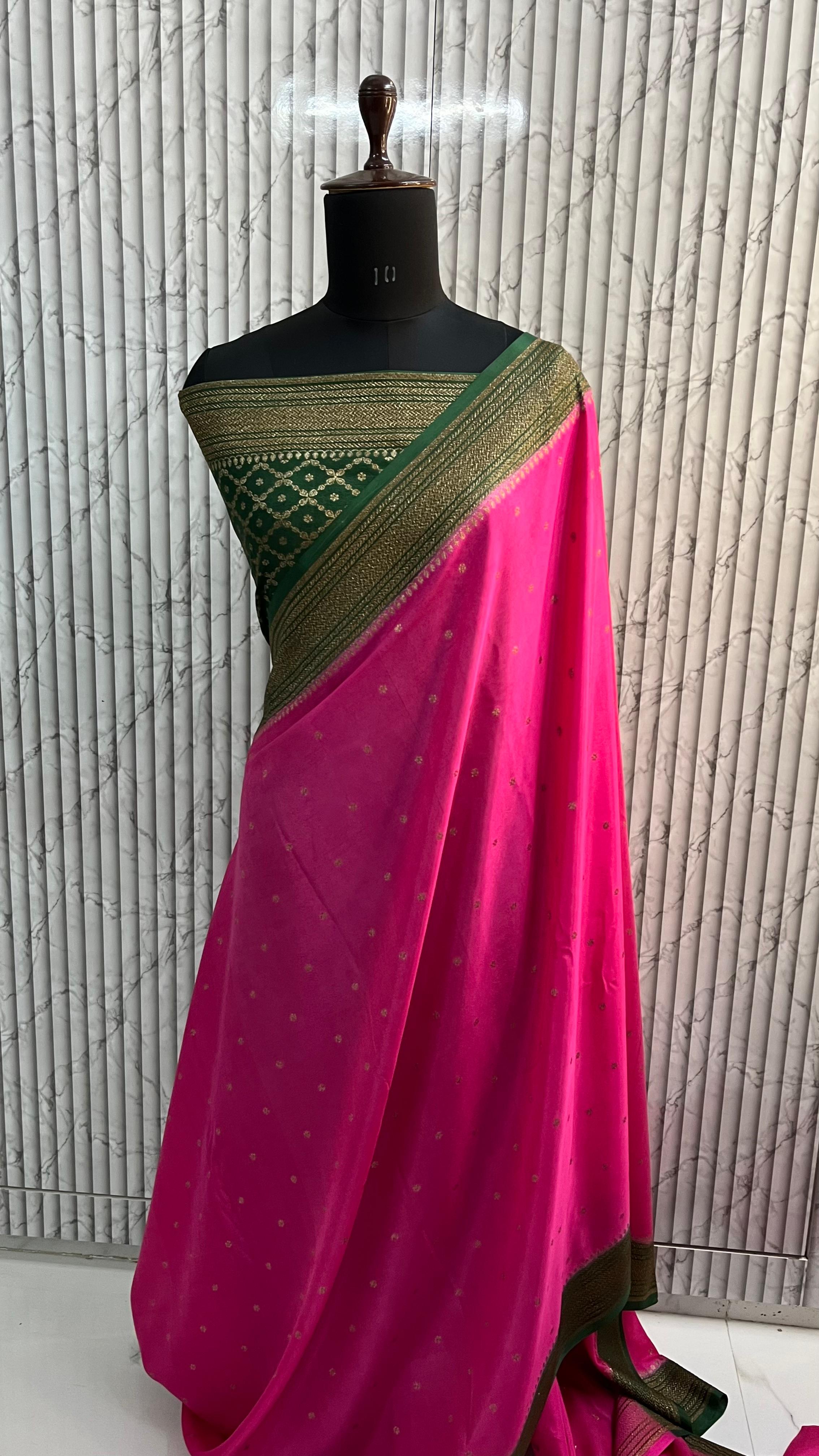 Pink and green crepe chiffon sarees