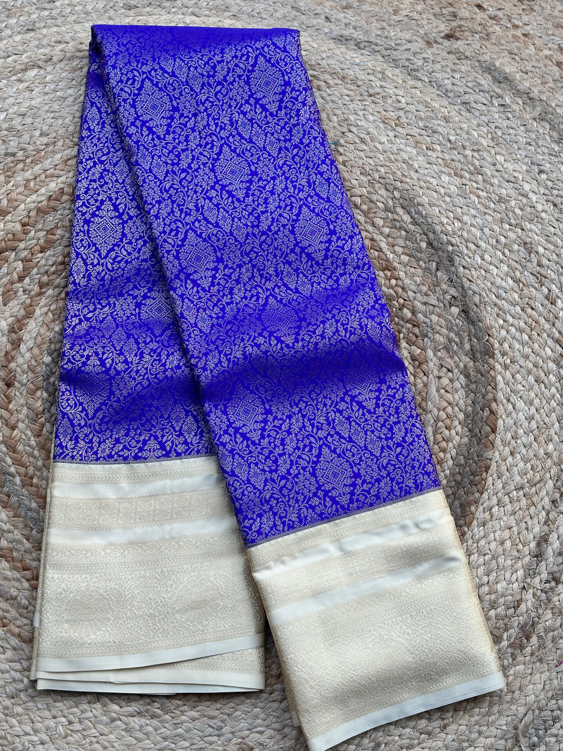 Royal blue and cream semi kanchi sarees