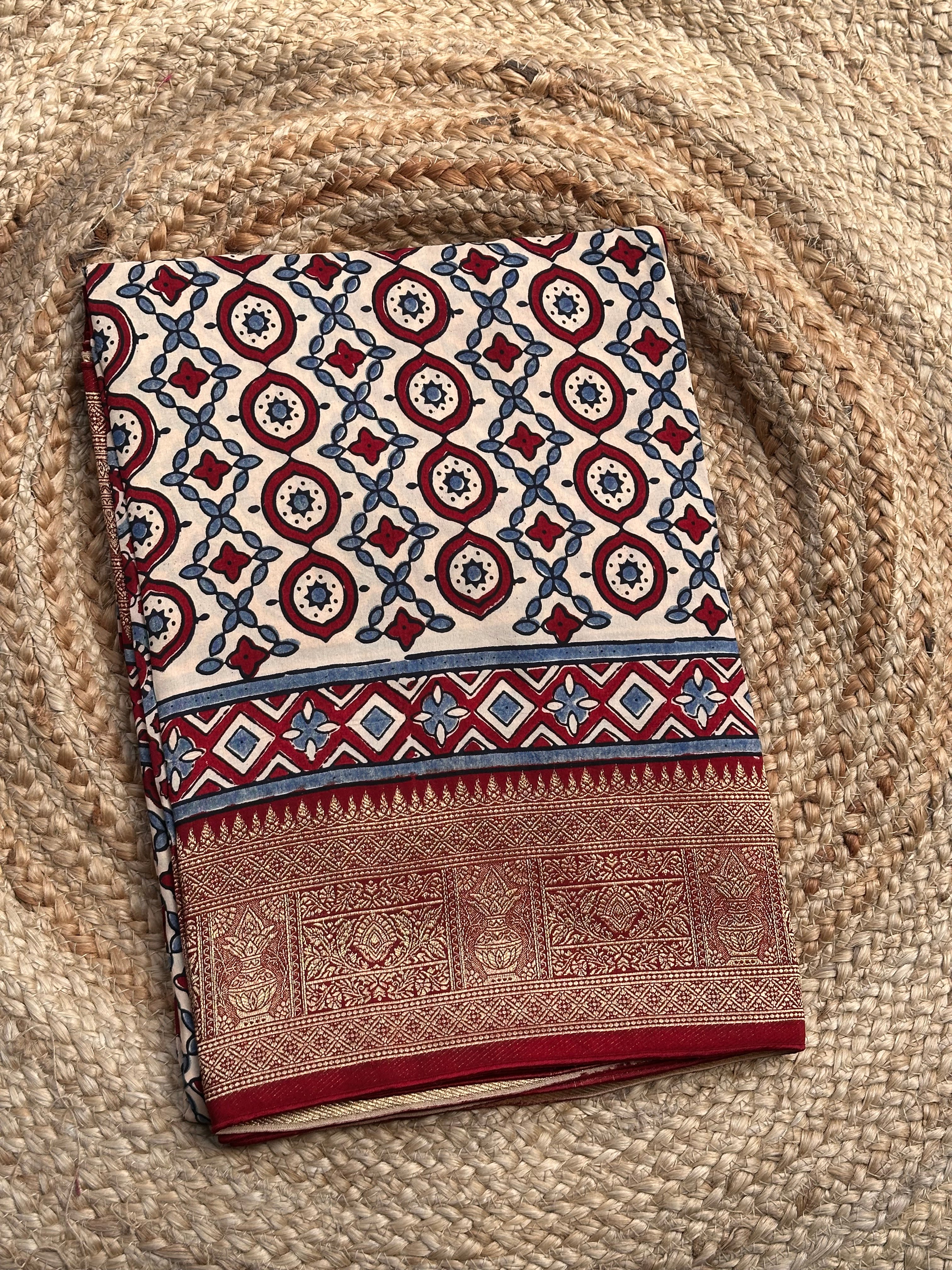White and red pure Ajrak dola sarees