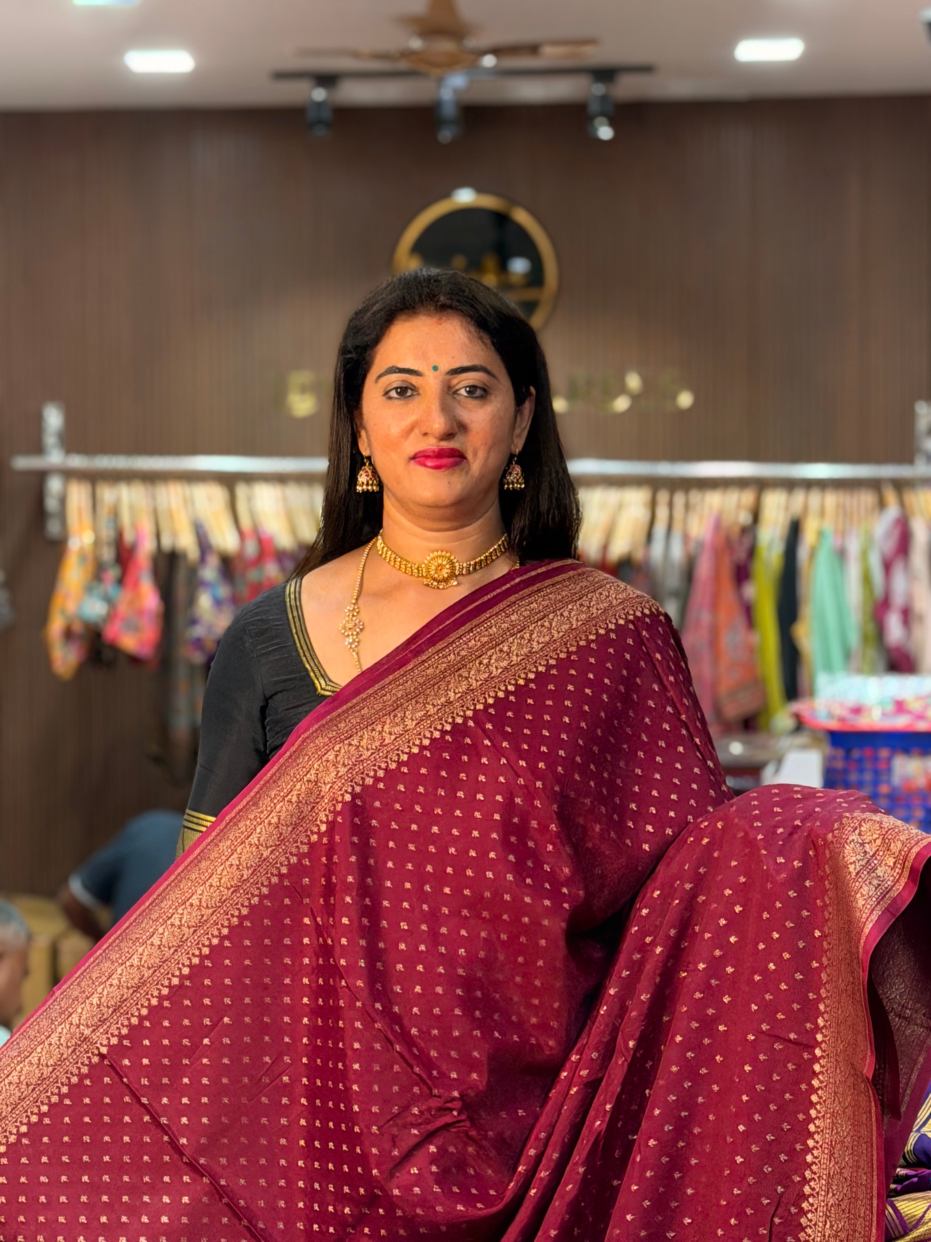 Deep maroon with chiffon crepe along with brocade blouse