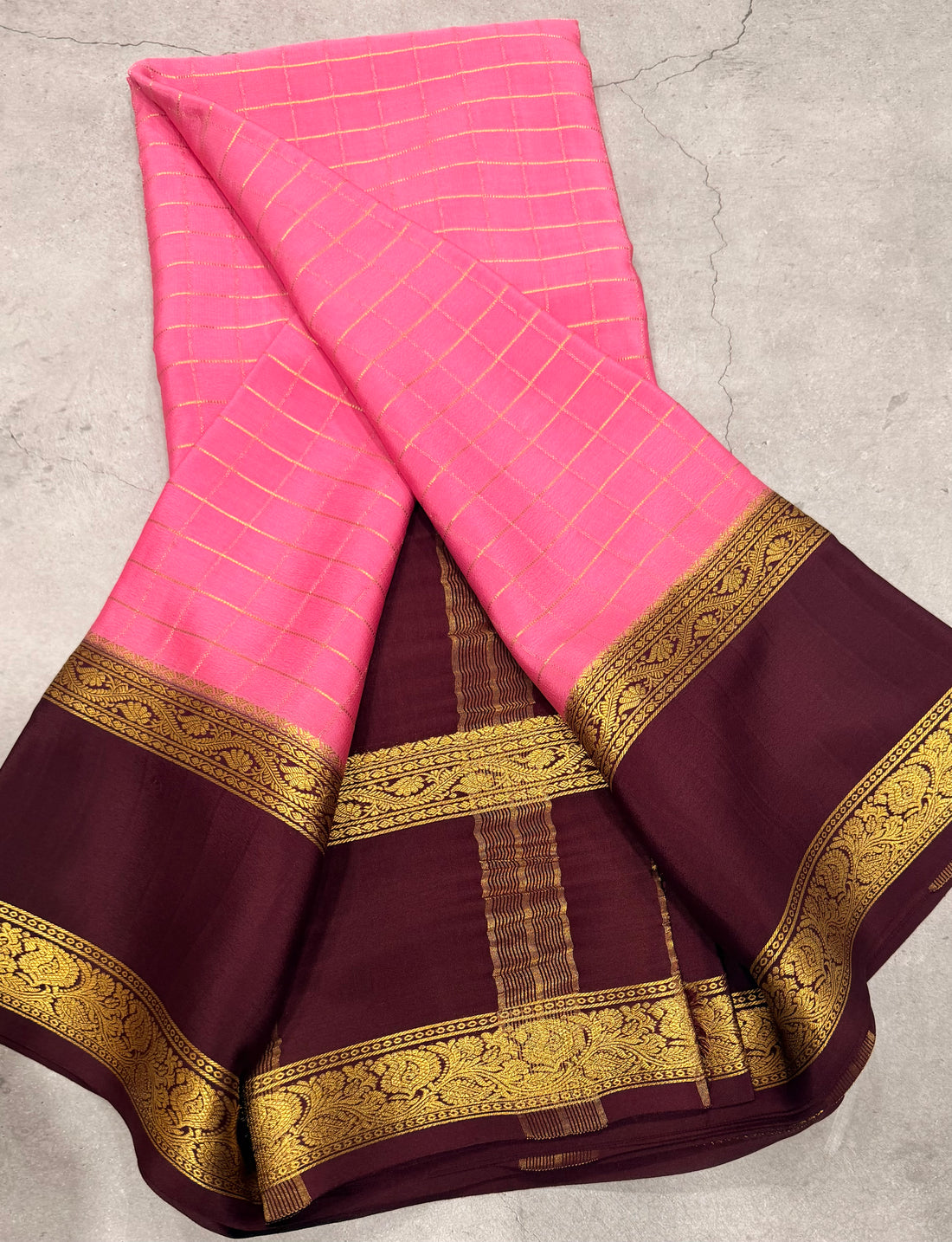 Light pink checks n bentex border pure Mysore silk crepe saree