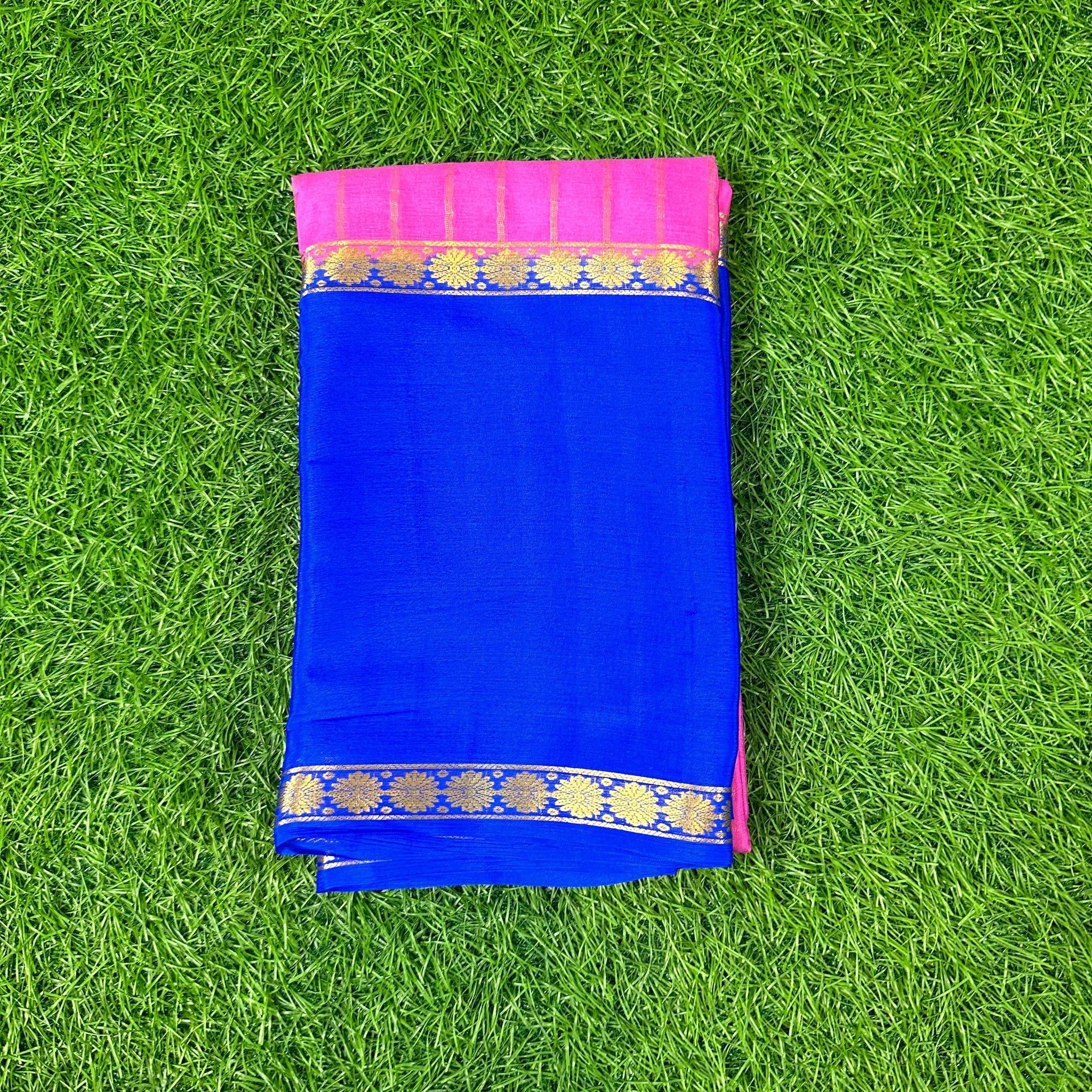 Baby pink with royal blue wrinkle crepe saree with out blouse.