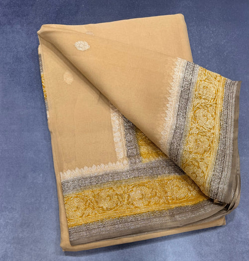 Beige 3D Banarasi pure khadi chiffon saree sliver zari saree
