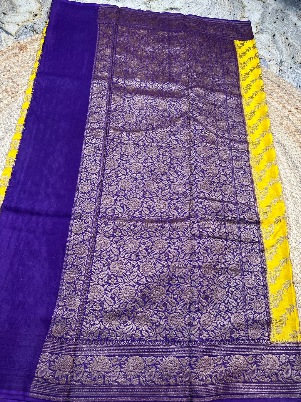 Yellow and purple crepe chiffon sarees.