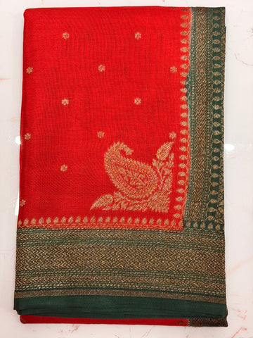 Red and green crepe chiffon antique zari