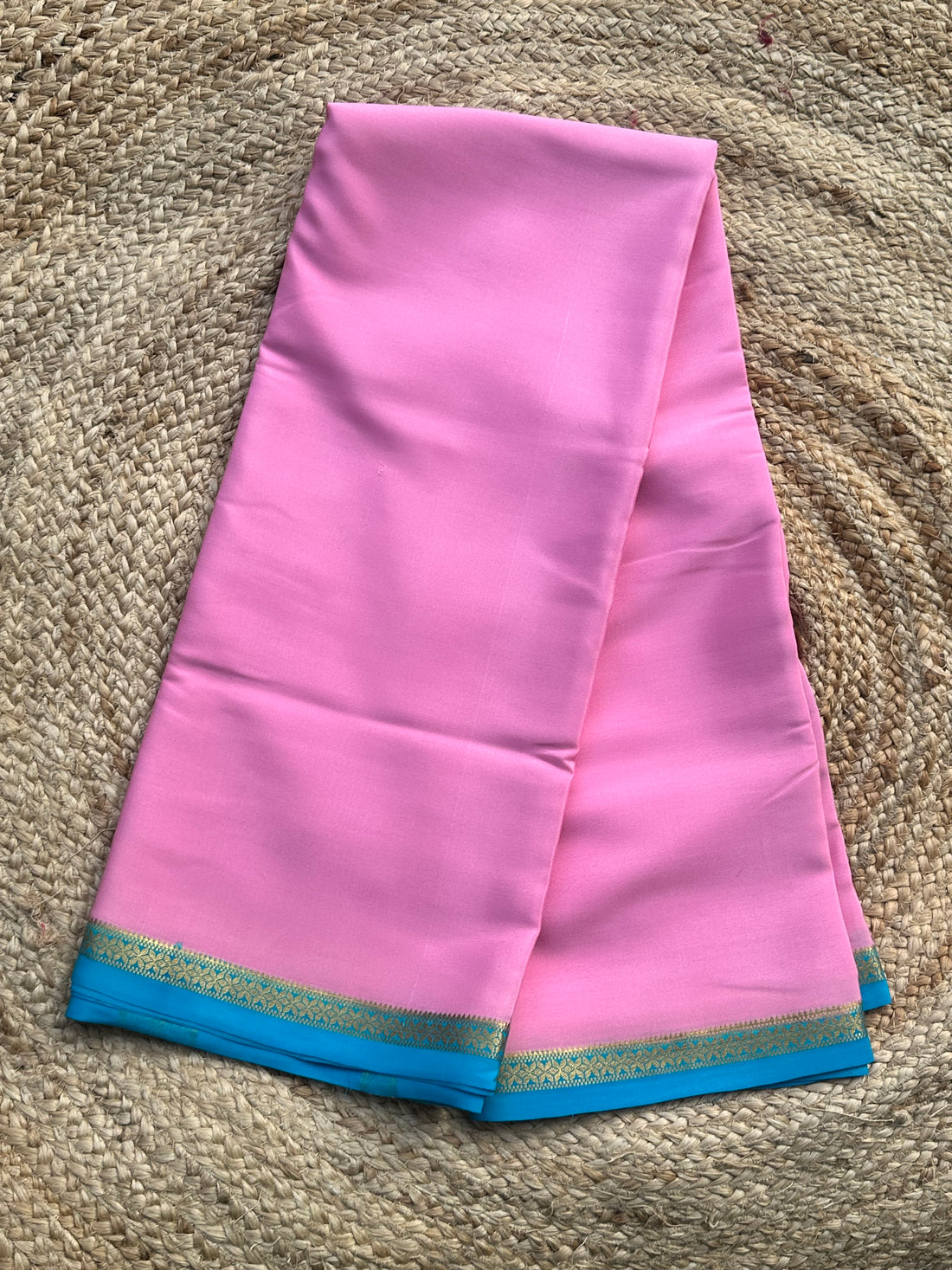 Lotus pink and sky blue small solid border pure crepe Mysore Silk