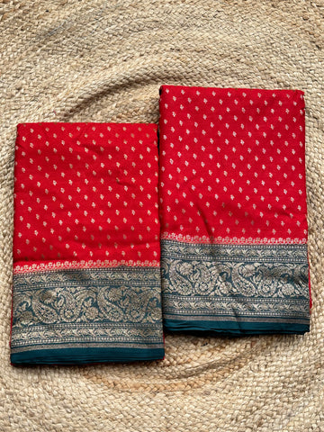 Red and peacock green crepe chiffon banaras saree