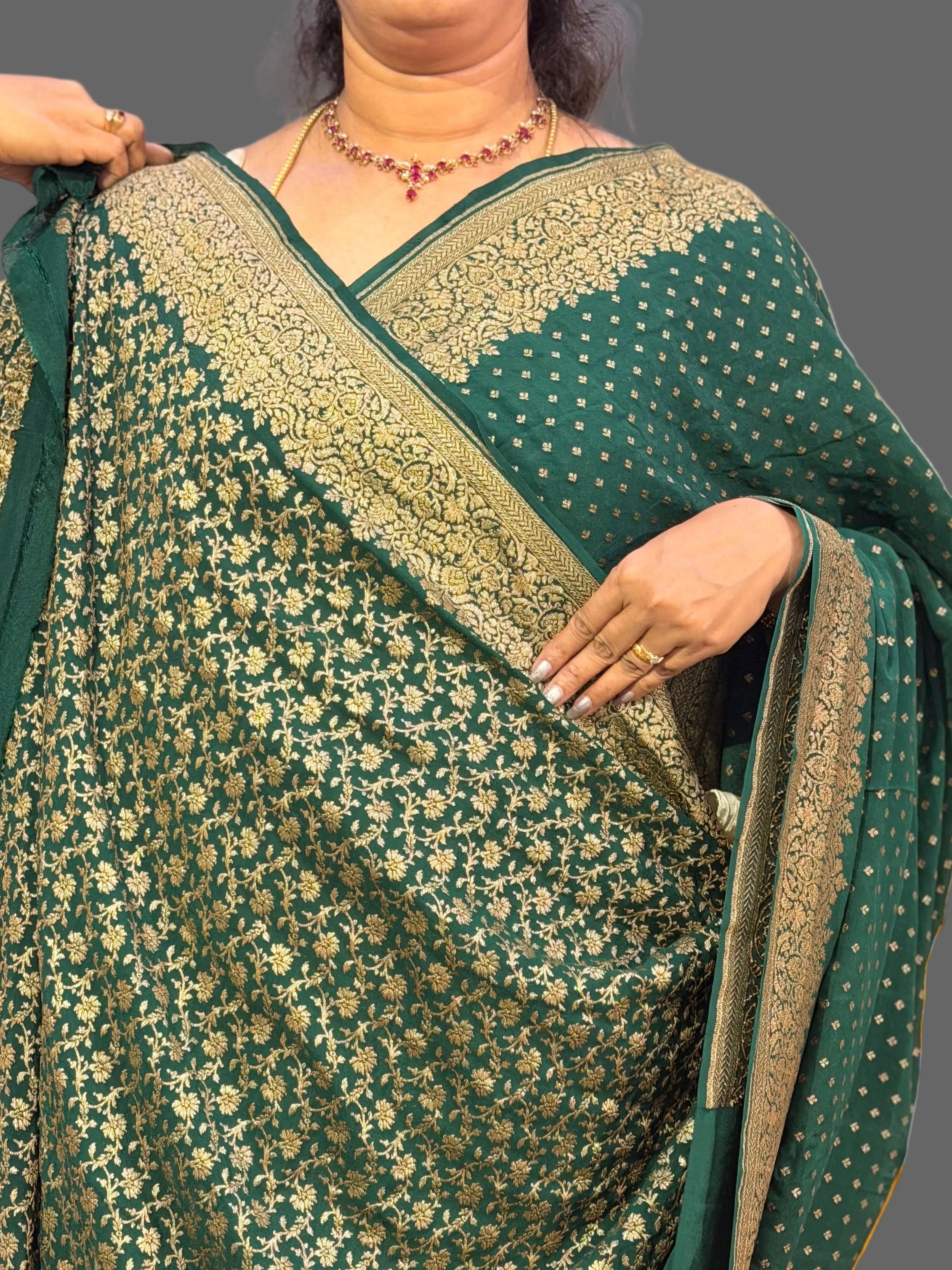 Bottle green mango border pure benarasi crepe silk saree