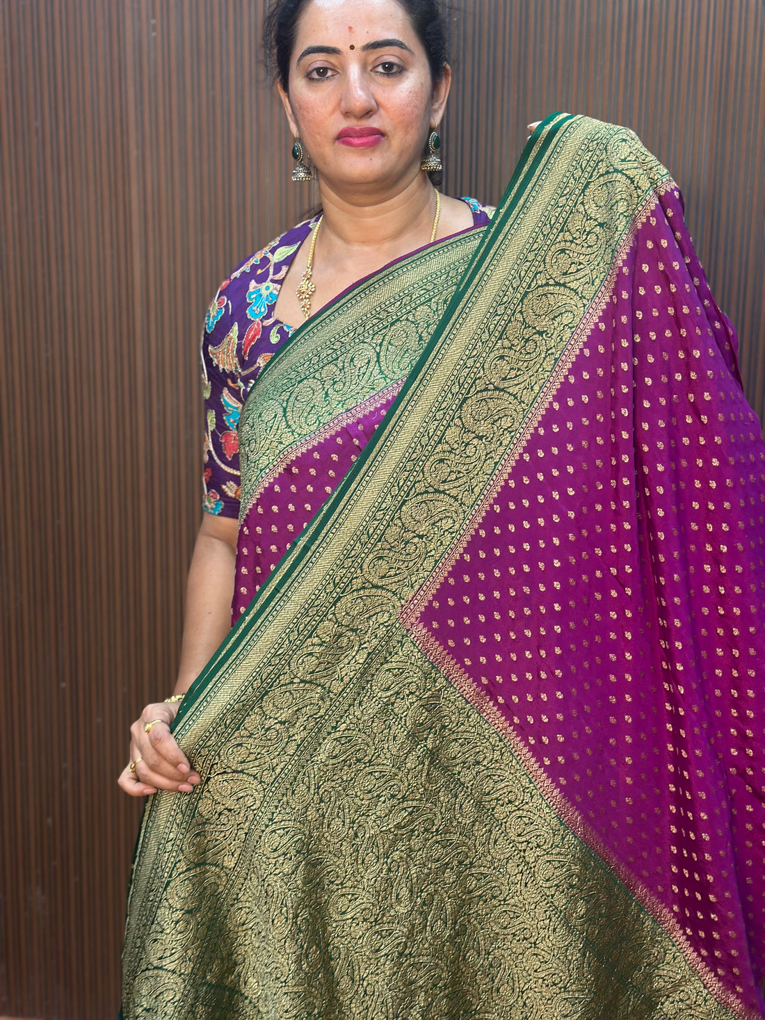 Brinjal colours with green Pure crepe Banaras silk sarees