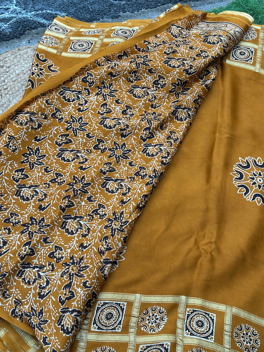 Mustard pure modal Ajrak sarees