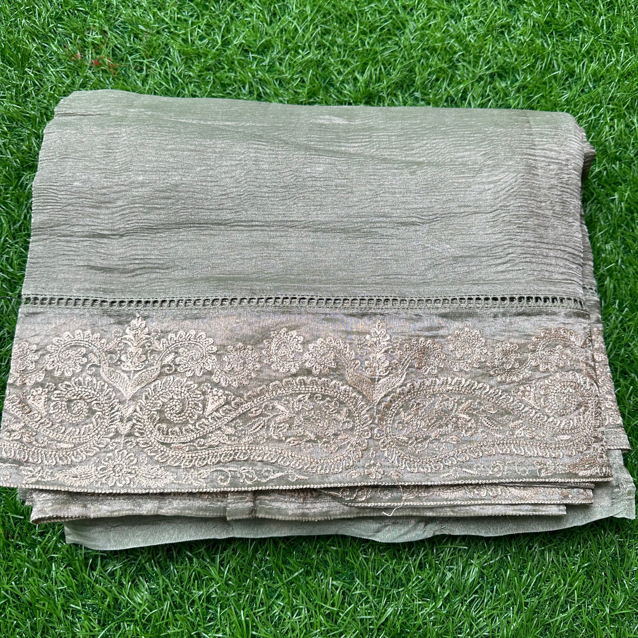 Pistha green pure tissue Banarasi with embroidery borders.