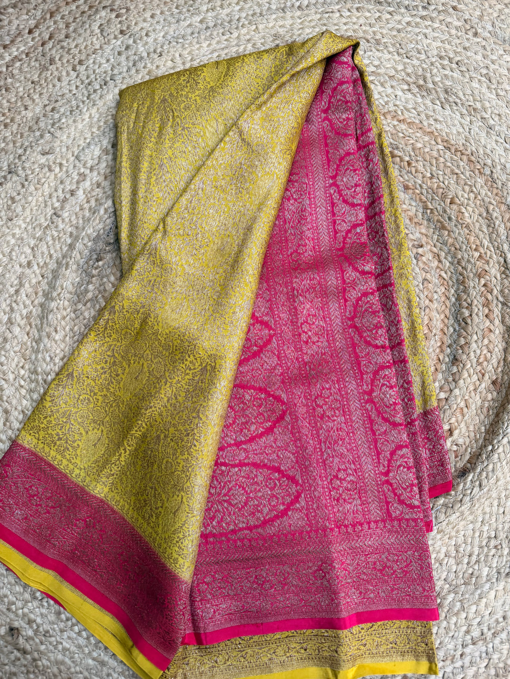 Yellow n pink semi Banarasi crepe saree