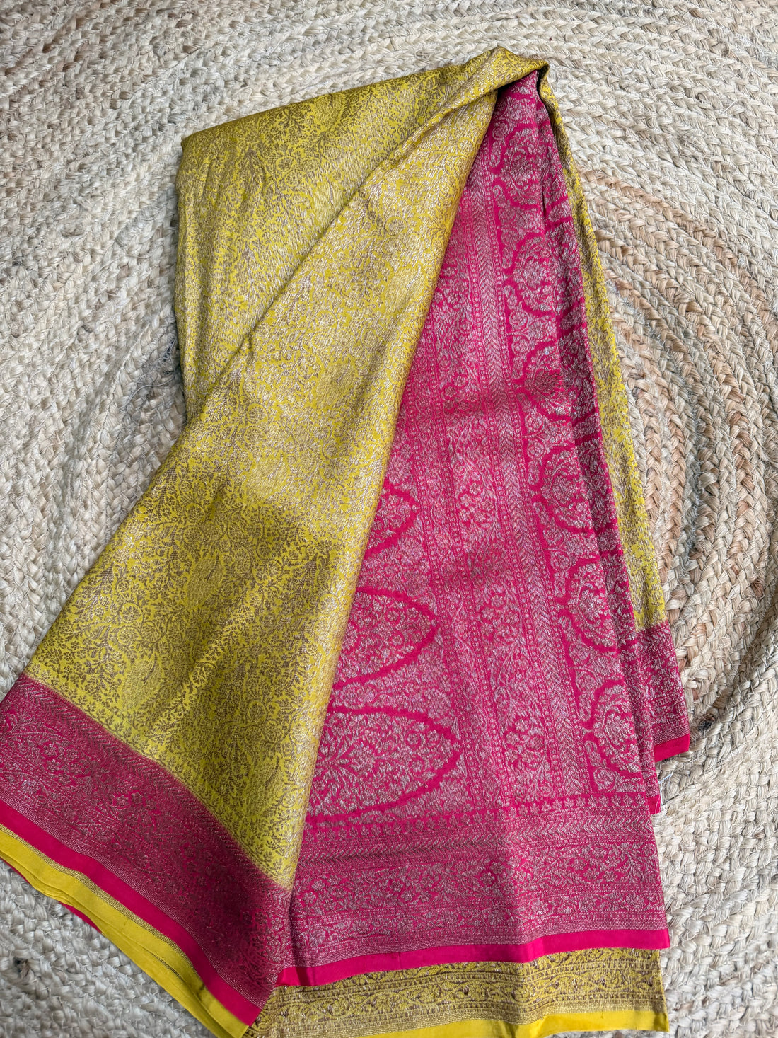 Yellow n pink semi Banarasi crepe saree