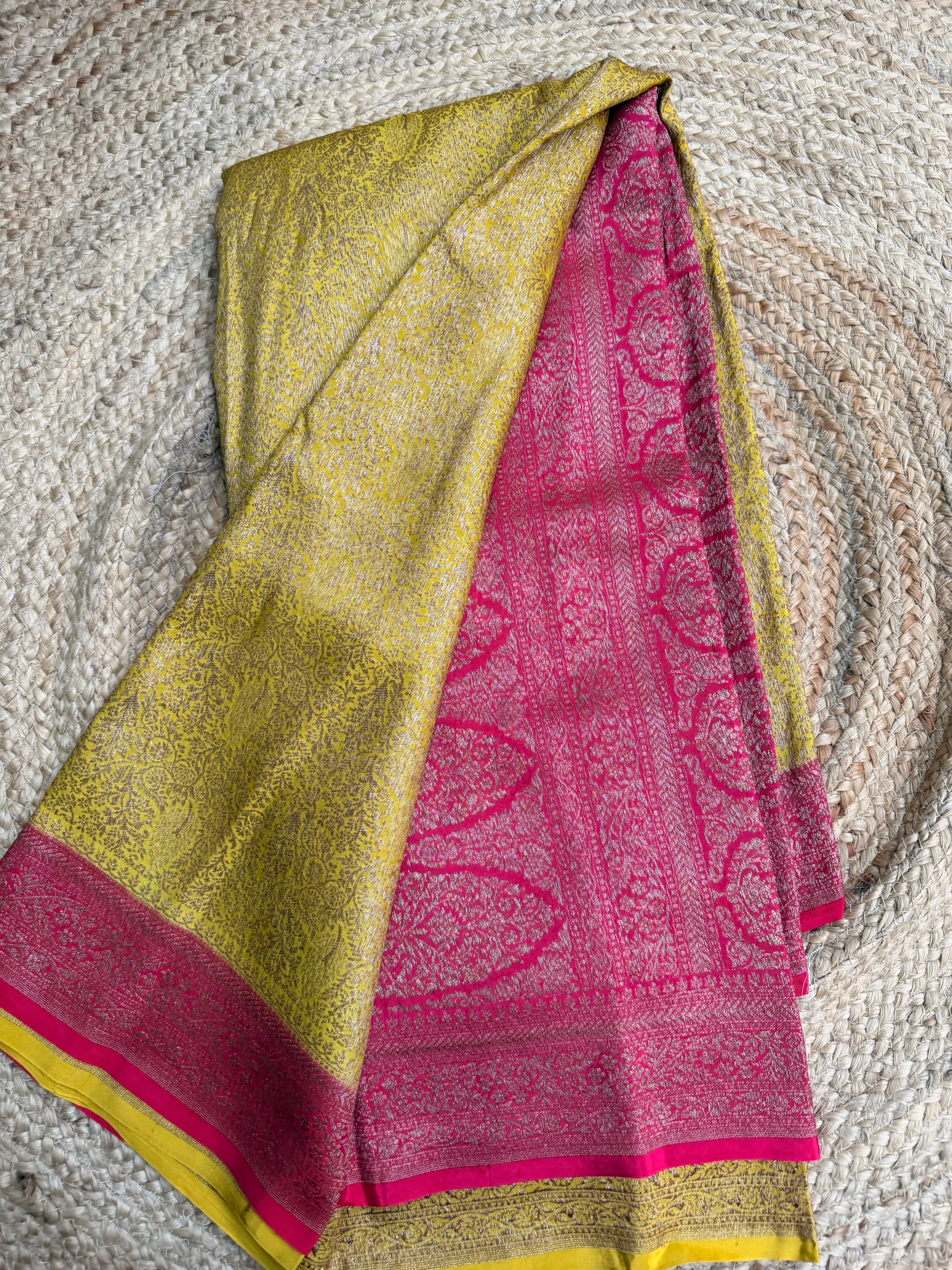 Yellow n pink semi Banarasi crepe saree