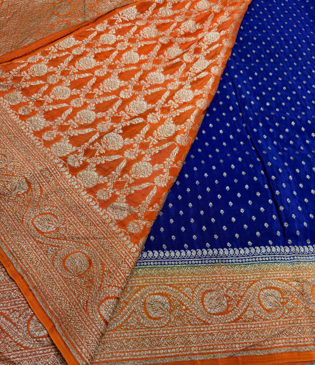 Blue n orange pure benarasi crepe silk saree