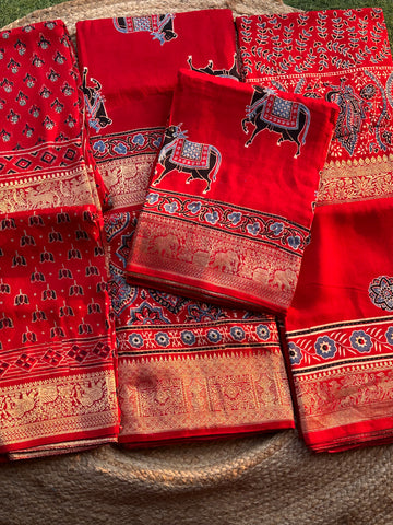Hot red pure Ajrak dola silk cow prints